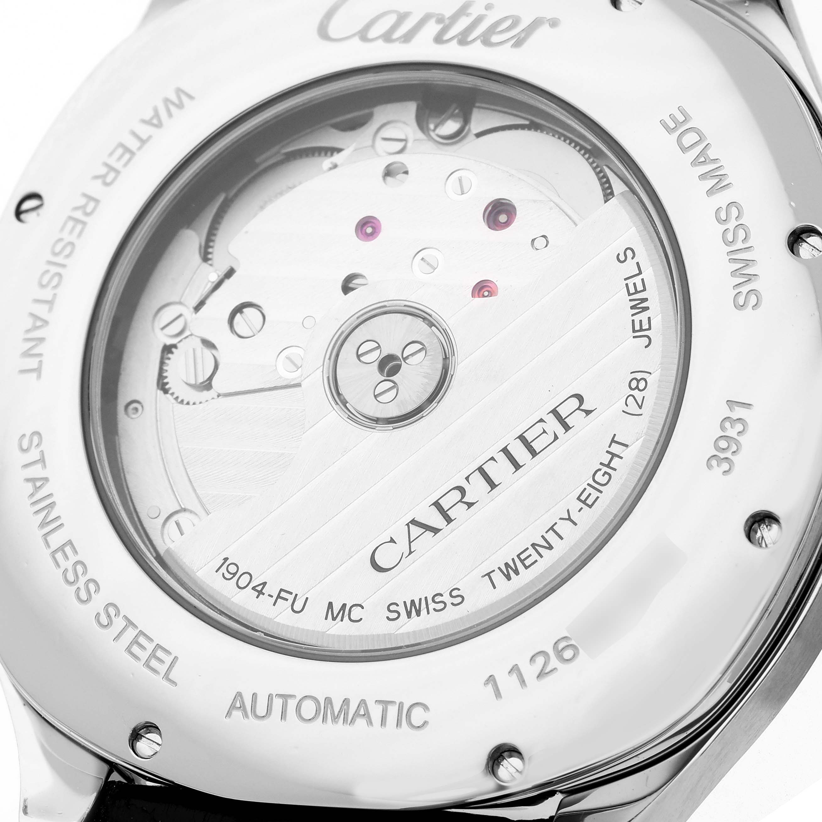 The image shows the back case of the Drive de Cartier watch by Cartier, revealing the automatic movement mechanism.