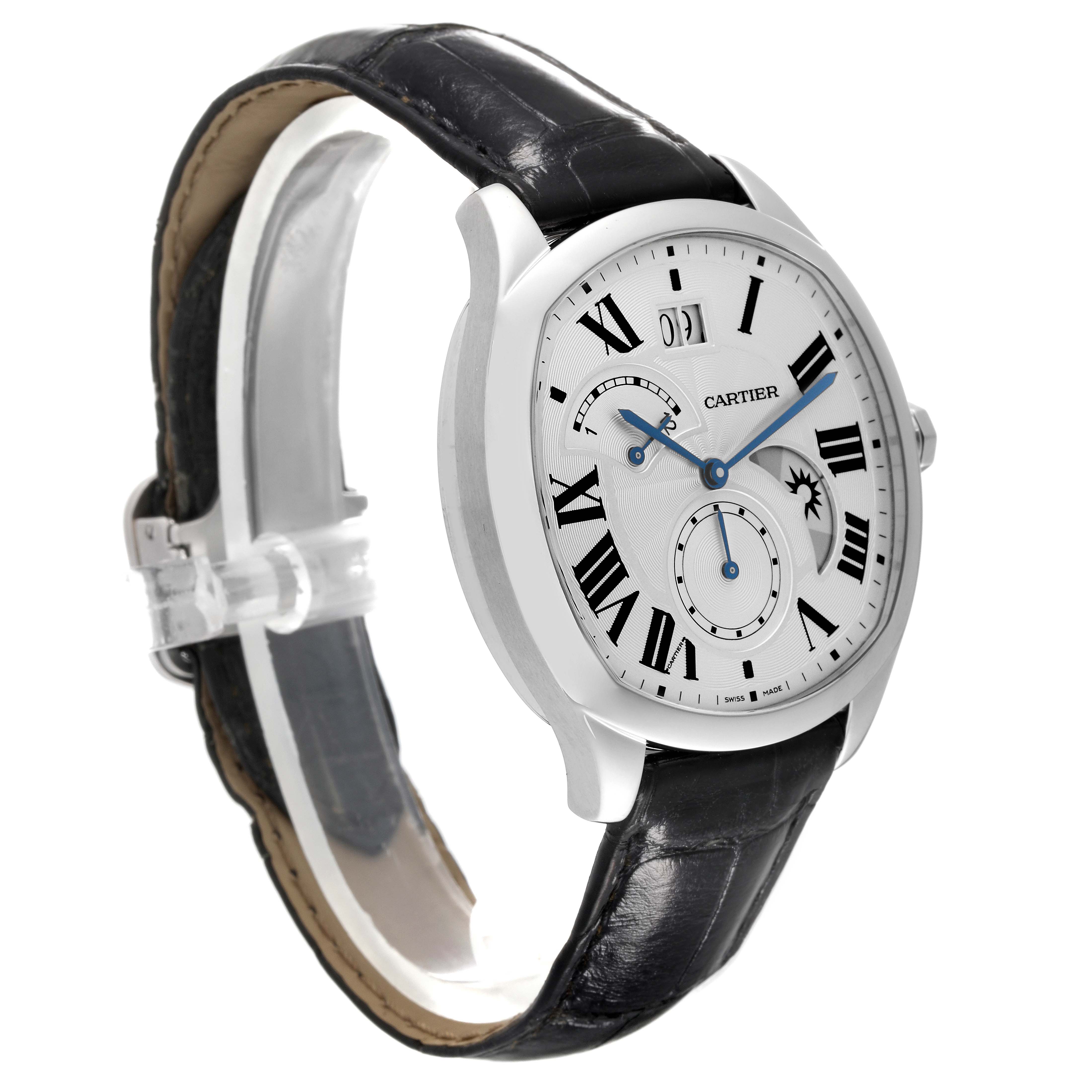 This image shows the Drive de Cartier watch by Cartier at a slight side angle, highlighting the black leather strap, silver case, and white dial with Roman numerals.