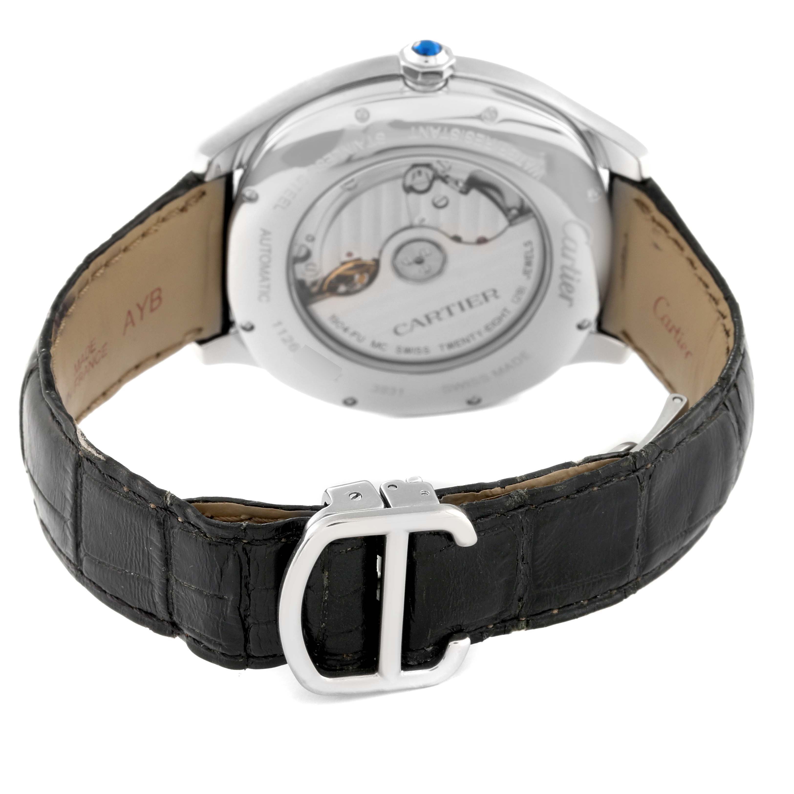 This image shows the back and clasp of a Drive de Cartier watch by Cartier, focusing on its movement and leather strap.
