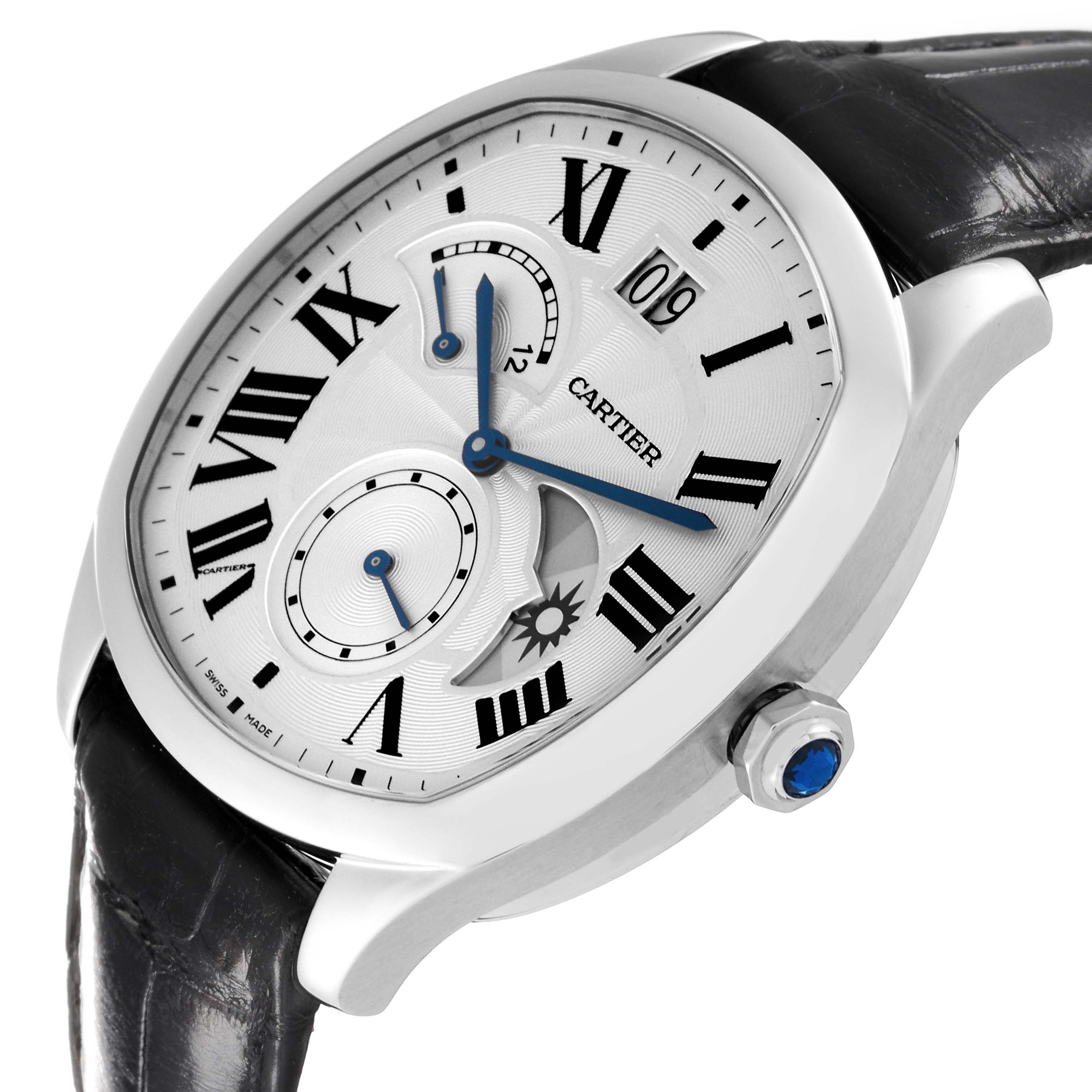The Drive de Cartier watch by Cartier is shown from an oblique angle, highlighting the dial, crown, and part of the leather strap.