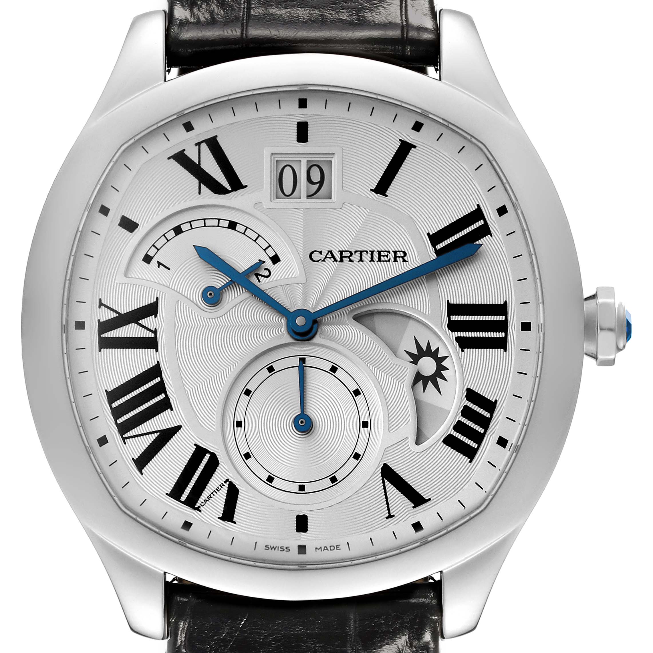 This image shows a close-up, frontal view of the Drive de Cartier watch by Cartier, highlighting the face with Roman numerals and detailed subdials.