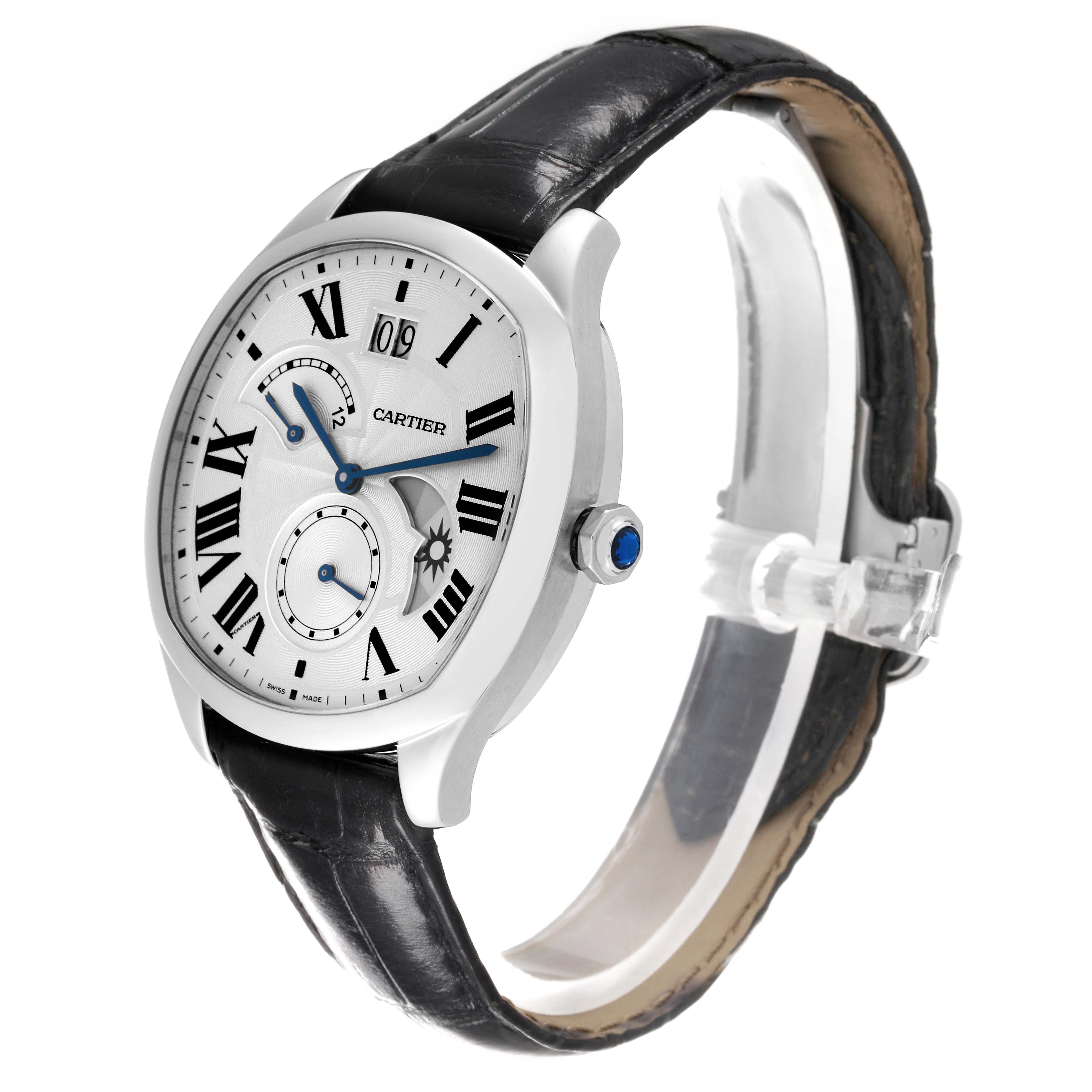 The image shows a Drive de Cartier watch by Cartier from a three-quarter angle, highlighting its dial, crown, and leather strap.