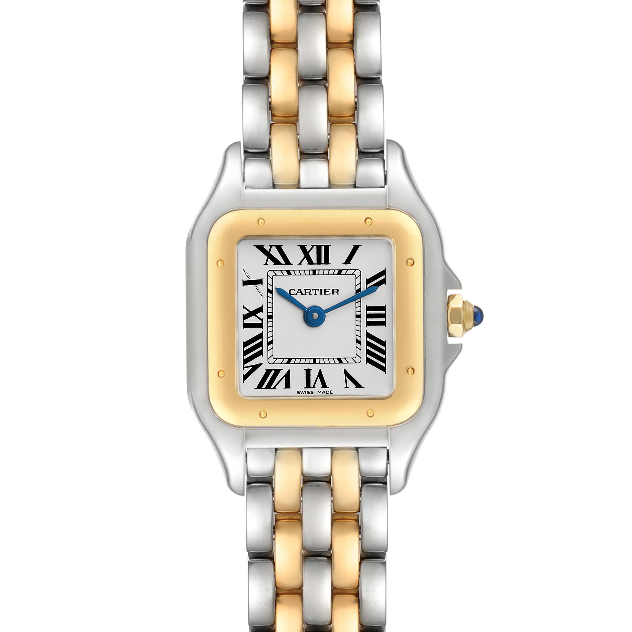 This image shows the face and two-tone bracelet of the Cartier Panthere W2PN0006 Women's Steel and Gold (two tone) Silver Dial W2PN0006 Women's Steel and Gold (two tone) Silver Dial watch, viewed from the front.