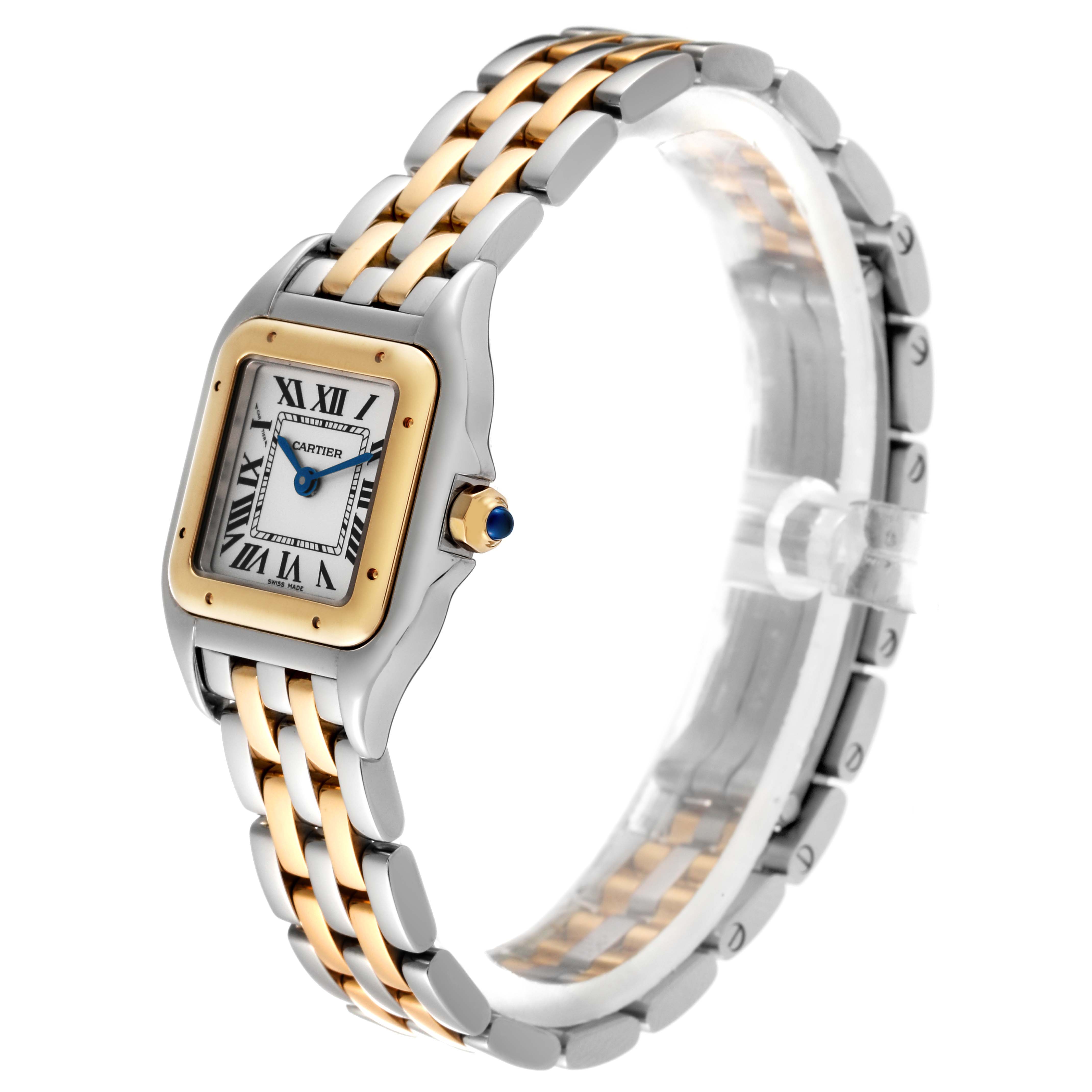 The Cartier Panthere W2PN0006 Women's Steel and Gold (two tone) Silver Dial W2PN0006 Women's Steel and Gold (two tone) Silver Dial watch is shown at a three-quarter angle, displaying its face, bracelet, and crown.