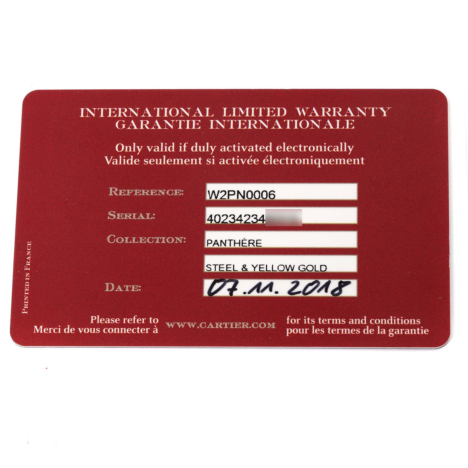 The image shows the International Limited Warranty card for a Cartier Panthère model watch.