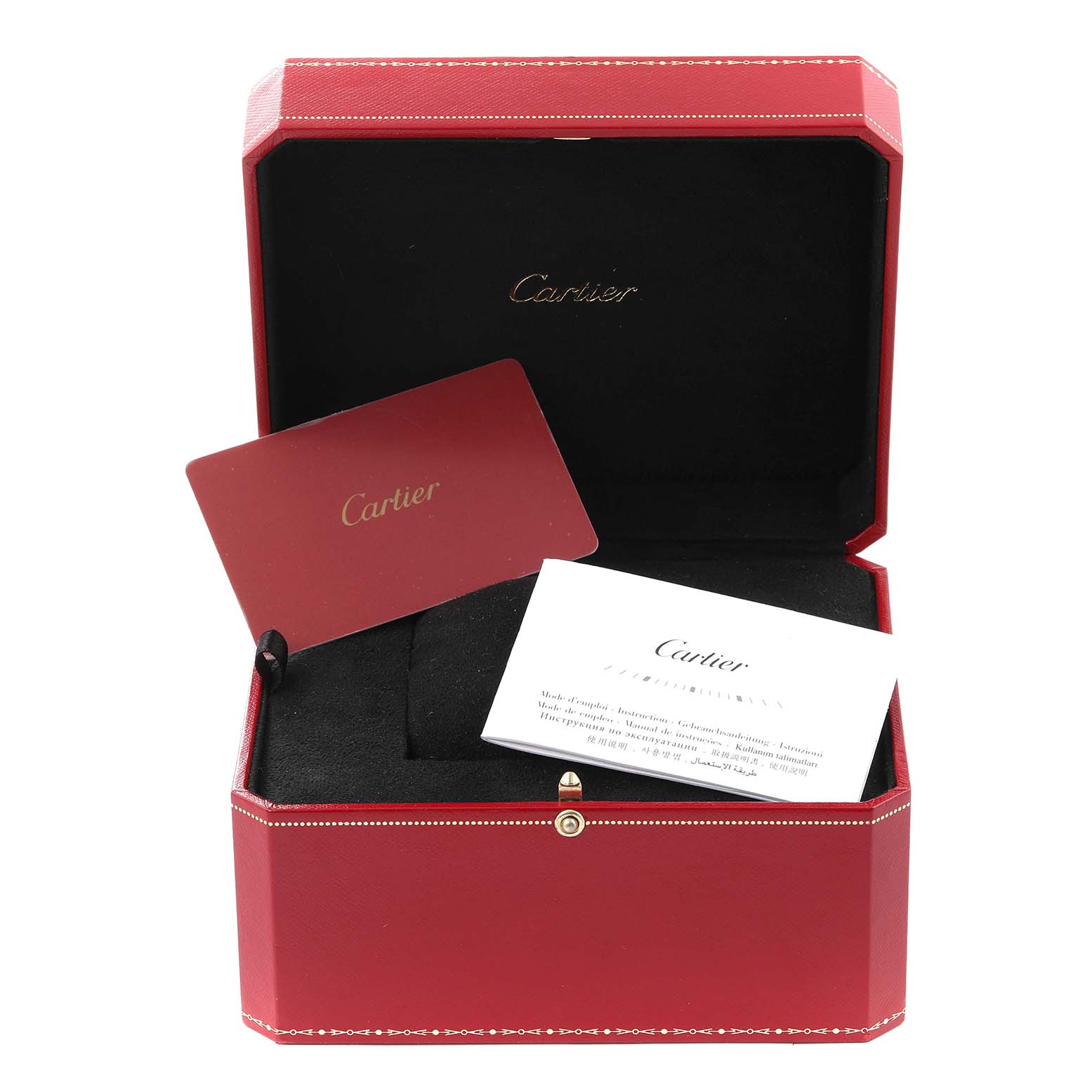 The image shows an open Cartier Panthere W2PN0006 Women's Steel and Gold (two tone) Silver Dial W2PN0006 Women's Steel and Gold (two tone) Silver Dial watch box, with warranty cards and documentation inside.