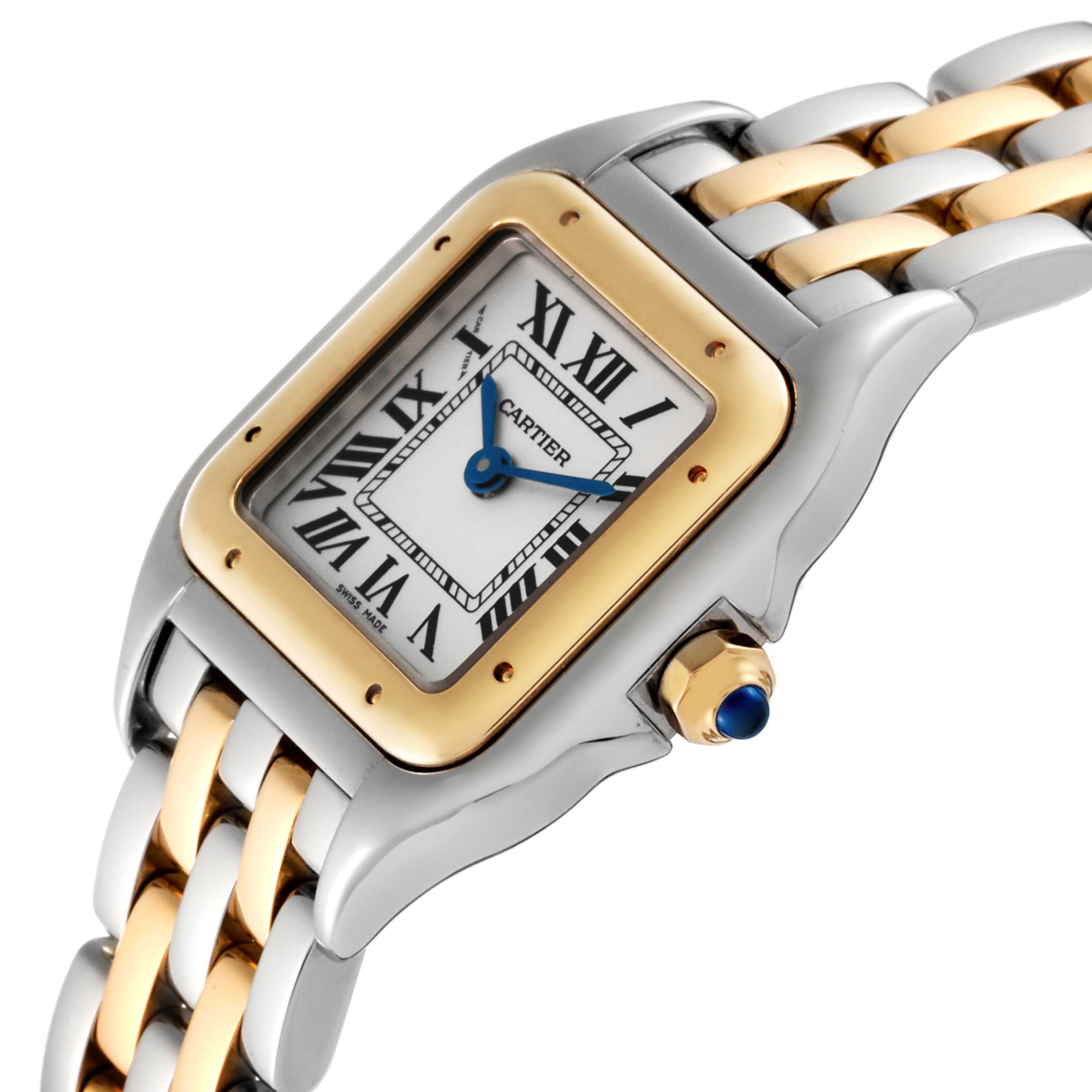 The Panthere watch by Cartier is shown from an oblique angle, displaying the face, crown, and part of the two-tone band.