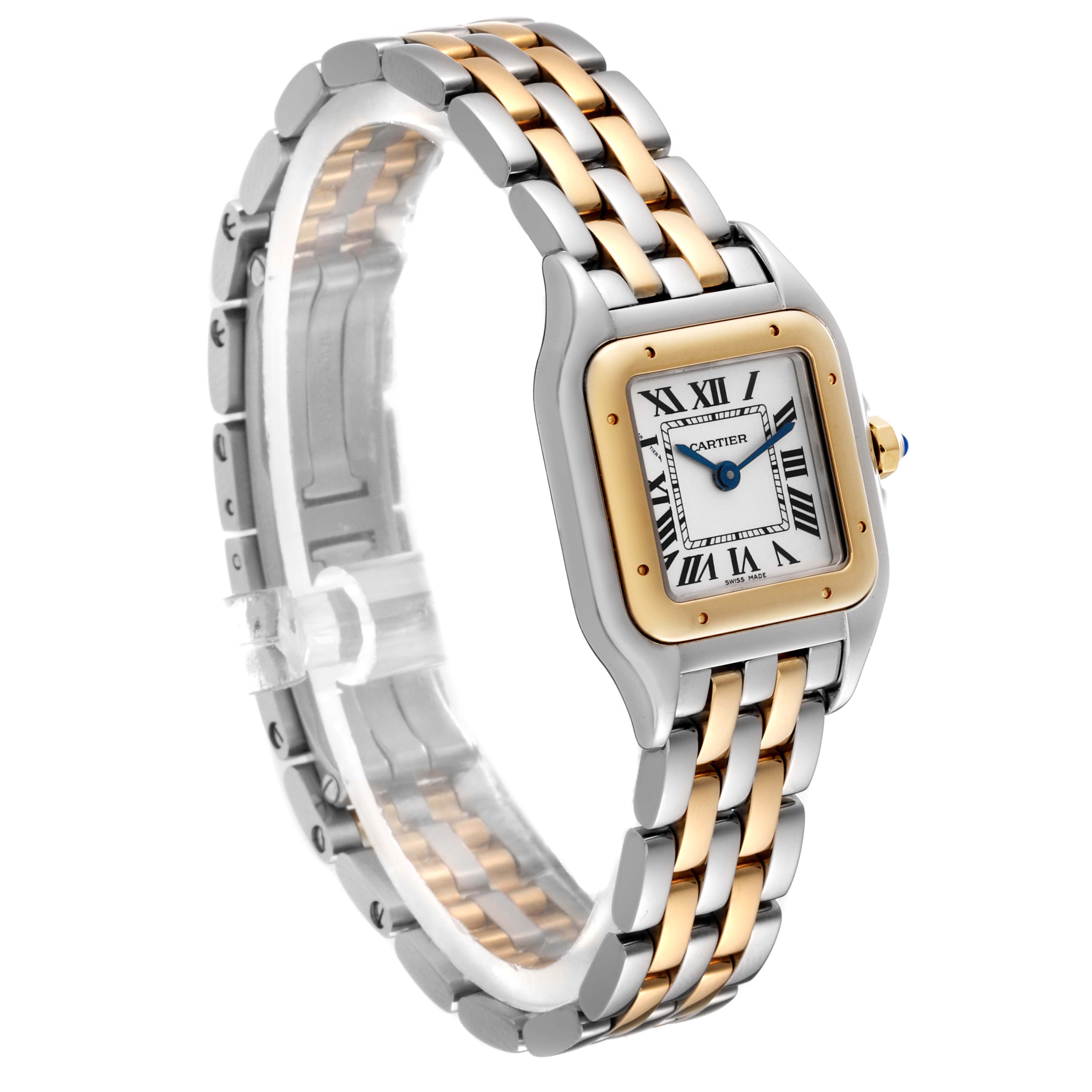 The image shows a side angle of the Cartier Panthère watch, highlighting its gold and silver band and square dial with Roman numerals.