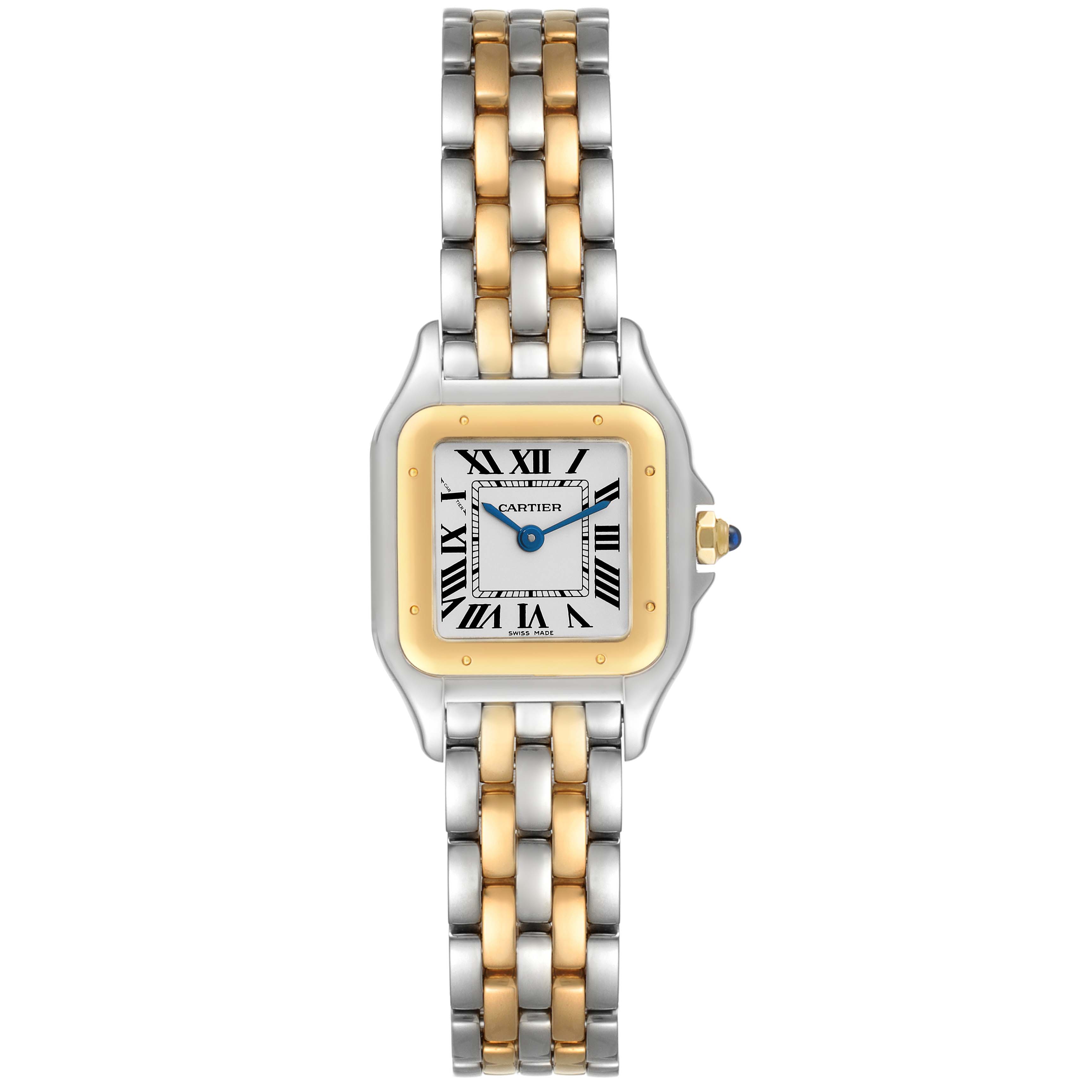The Panthère de Cartier watch is shown from the front, displaying its two-tone bracelet, square face, Roman numerals, and blue hands.