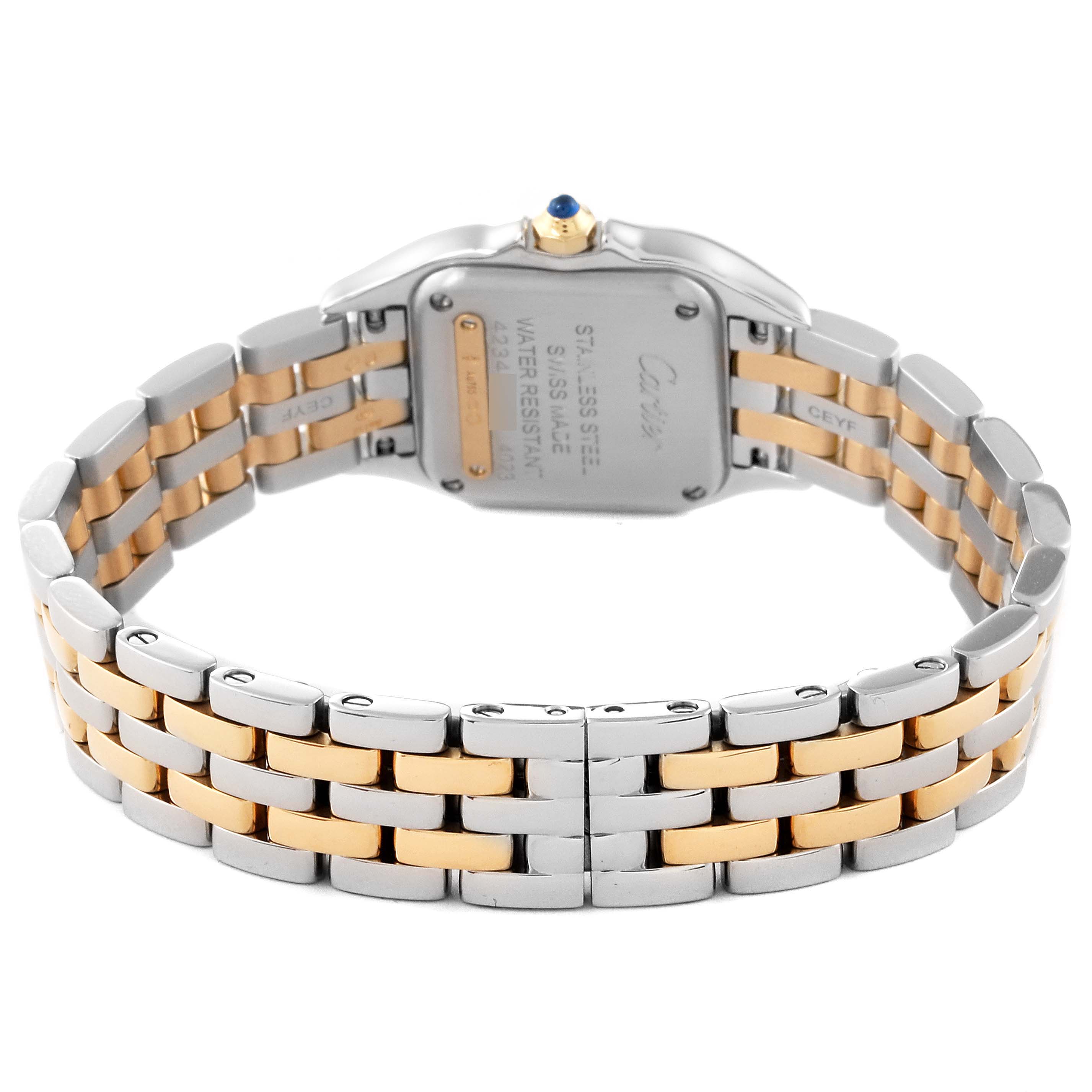 This image shows the back of a Cartier Panthere W2PN0006 Women's Steel and Gold (two tone) Silver Dial W2PN0006 Women's Steel and Gold (two tone) Silver Dial watch, highlighting the stainless steel and gold bracelet and case back.