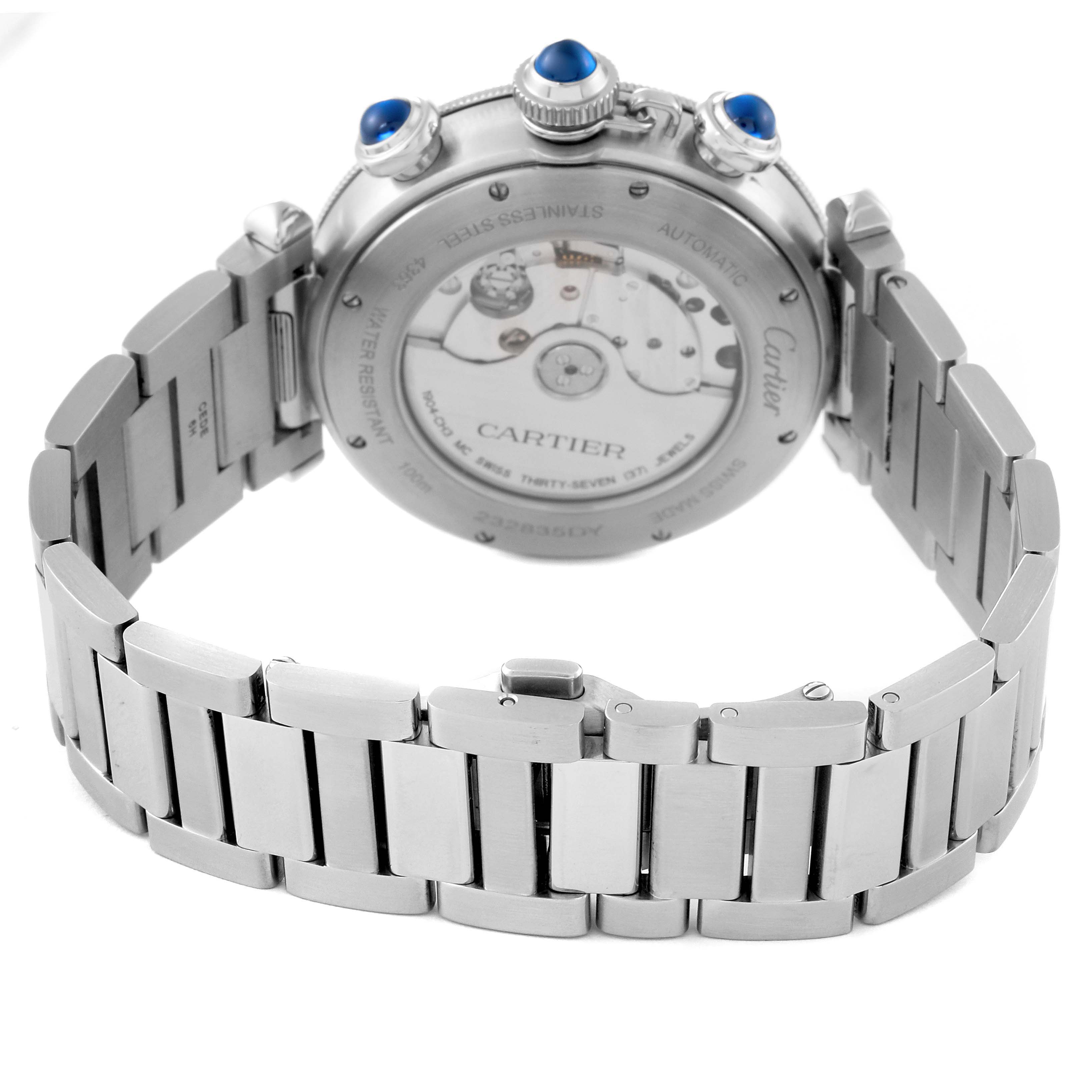 The image shows the back view of the Cartier Pasha WSPA0027 Men's Stainless Steel Grey Dial WSPA0027 Men's Stainless Steel Grey Dial watch, highlighting the stainless steel bracelet and the watch's automatic movement.