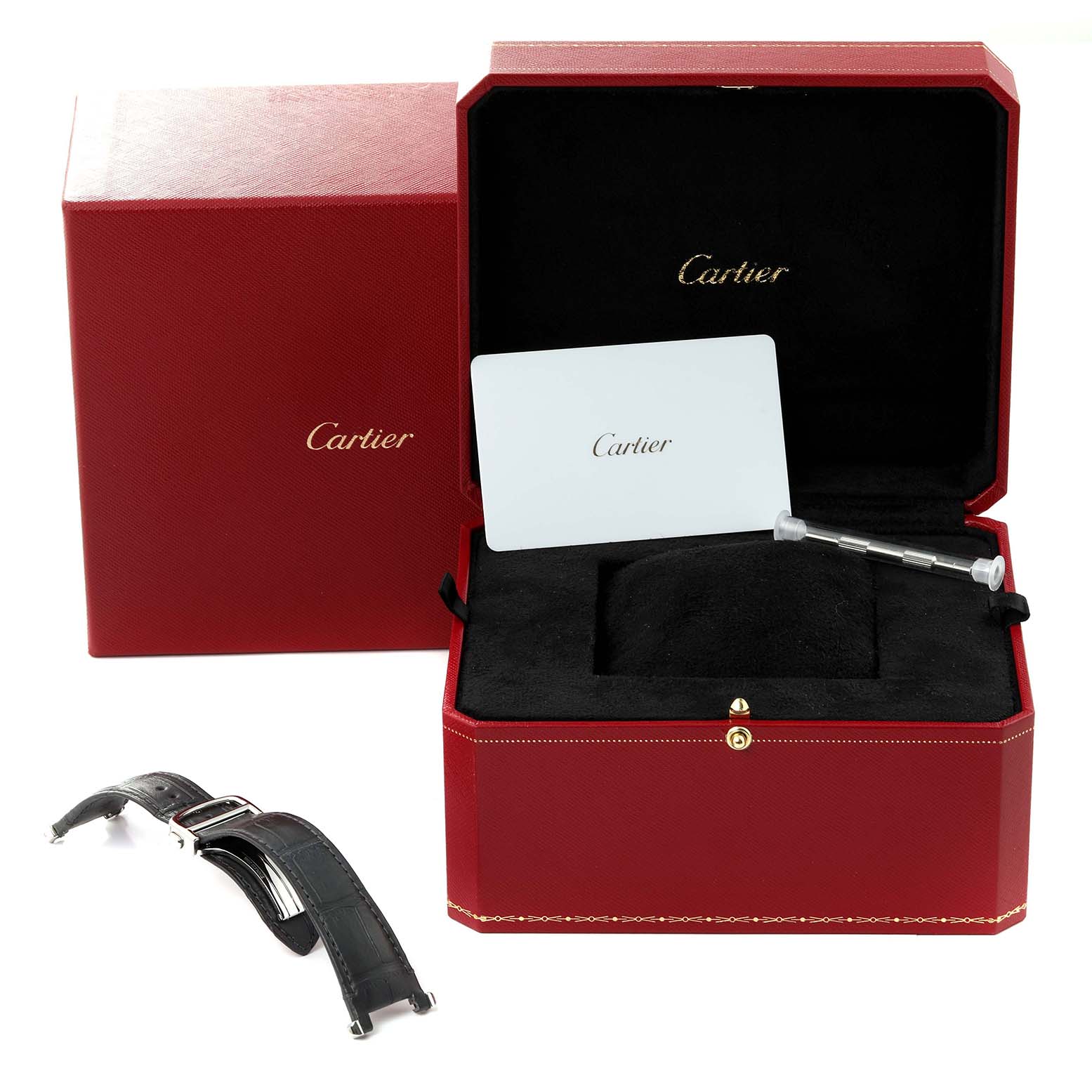 This image shows the packaging and accessories for a Cartier Pasha WSPA0027 Men's Stainless Steel Grey Dial WSPA0027 Men's Stainless Steel Grey Dial watch, including a box, a card, and an additional strap.