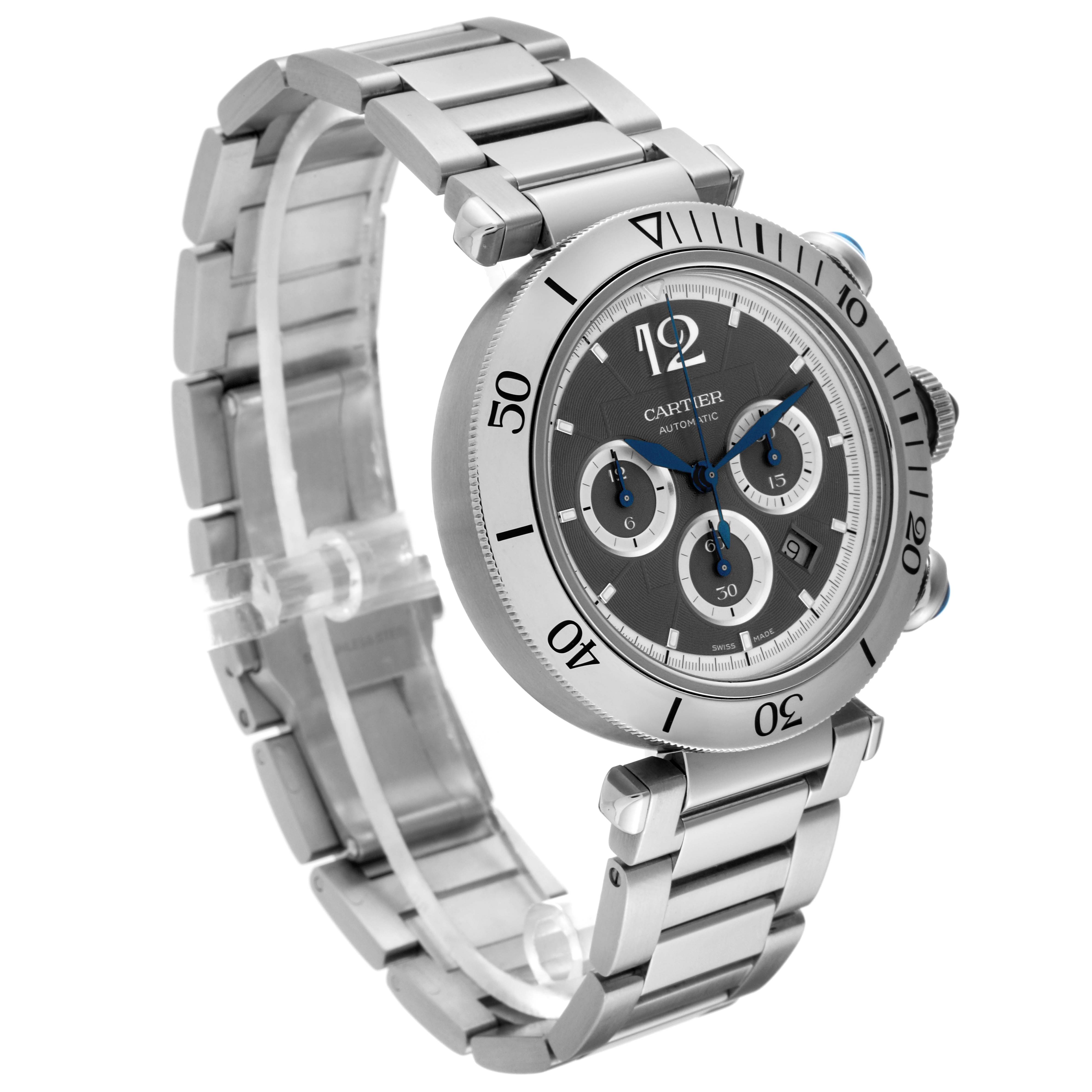 The image shows a Cartier Pasha WSPA0027 Men's Stainless Steel Grey Dial WSPA0027 Men's Stainless Steel Grey Dial watch at a three-quarter angle, highlighting the stainless steel bracelet, bezel, and face with sub-dials.