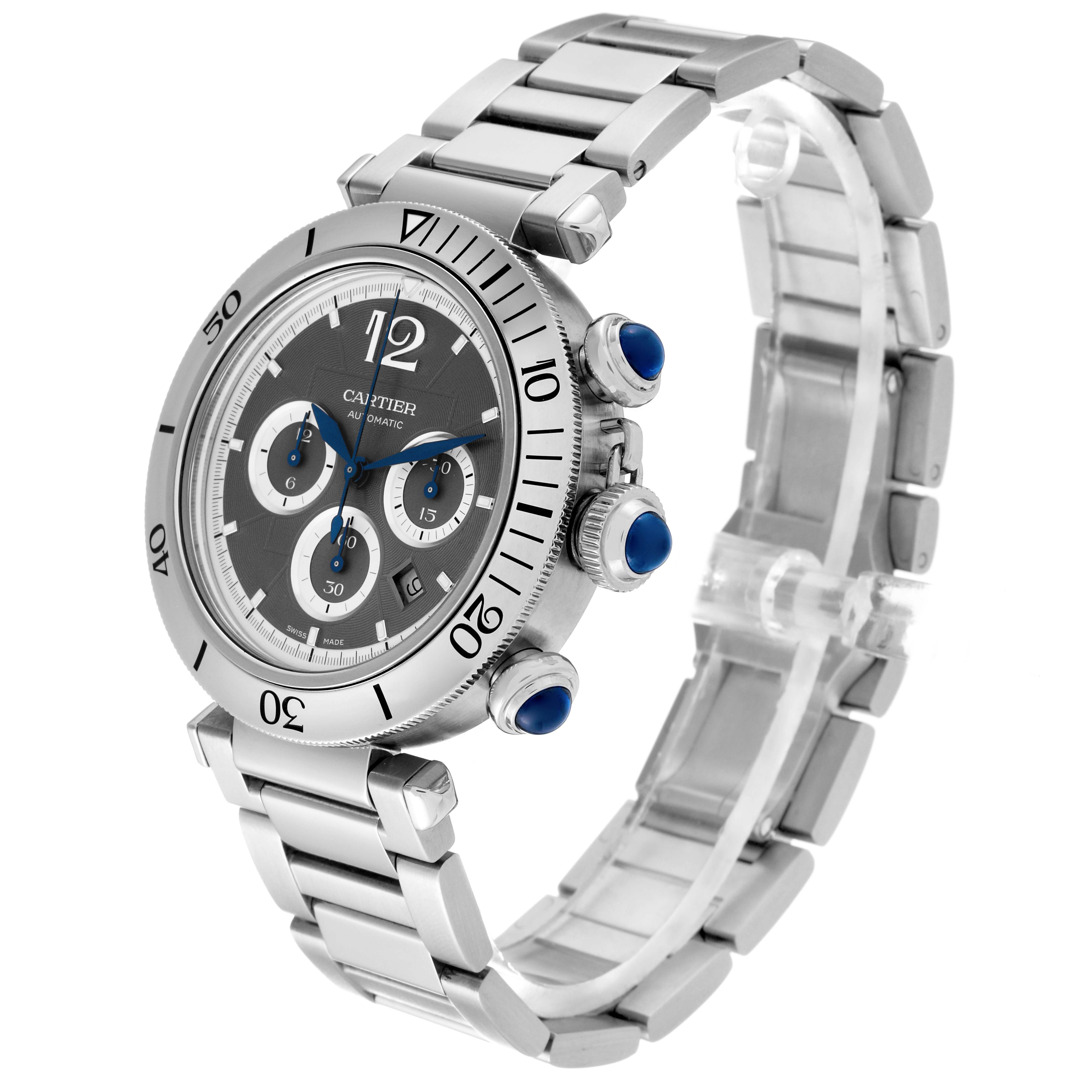 The image shows a side angle of the Cartier Pasha WSPA0027 Men's Stainless Steel Grey Dial WSPA0027 Men's Stainless Steel Grey Dial model watch, highlighting its face, bezel, and bracelet.