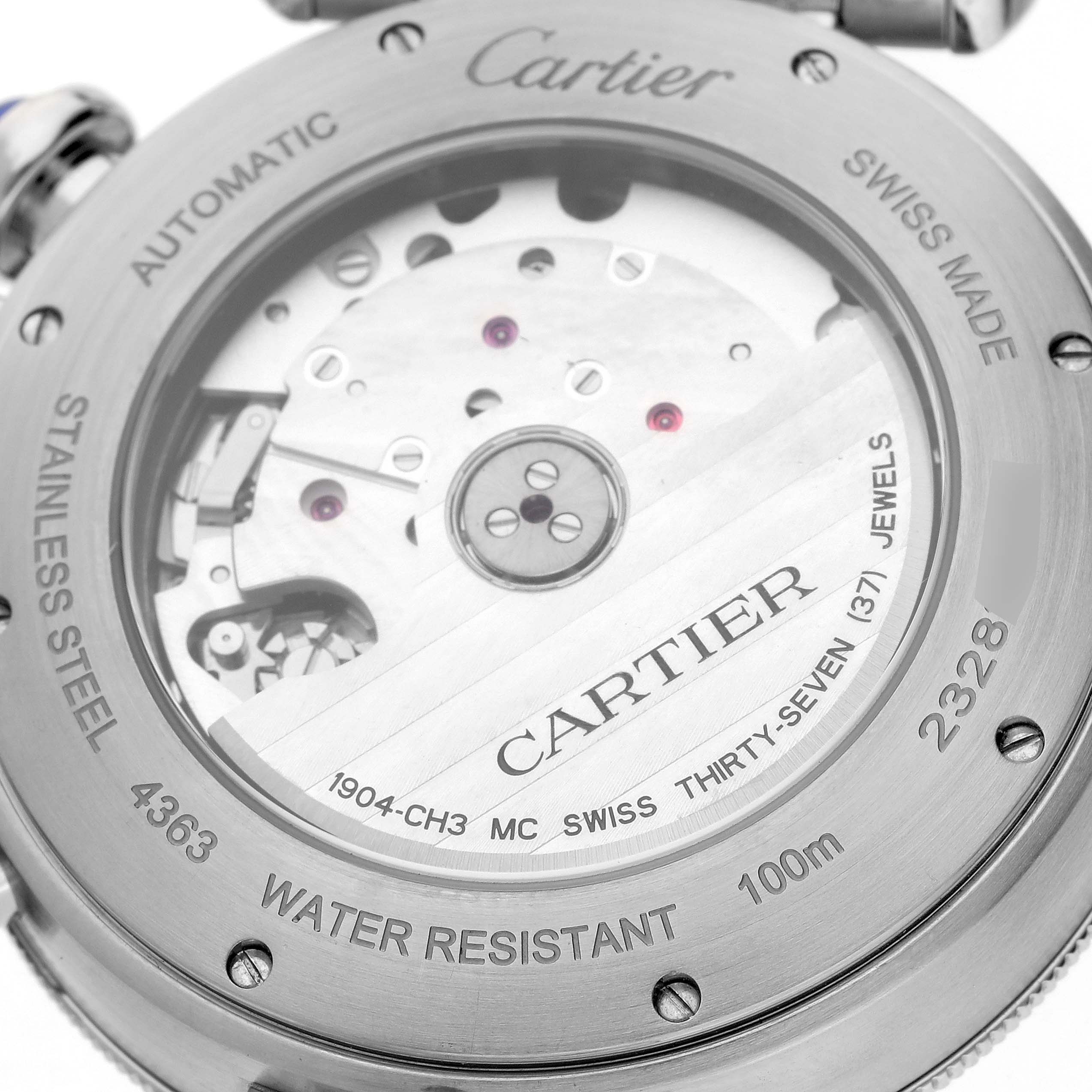 The image shows the back view of a Cartier Pasha WSPA0027 Men's Stainless Steel Grey Dial WSPA0027 Men's Stainless Steel Grey Dial watch, revealing its automatic movement and detailed engravings.