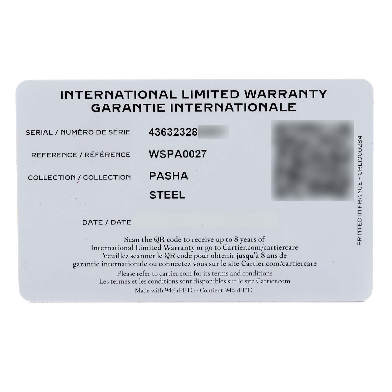 The image shows the International Limited Warranty card for the Pasha model by Cartier.
