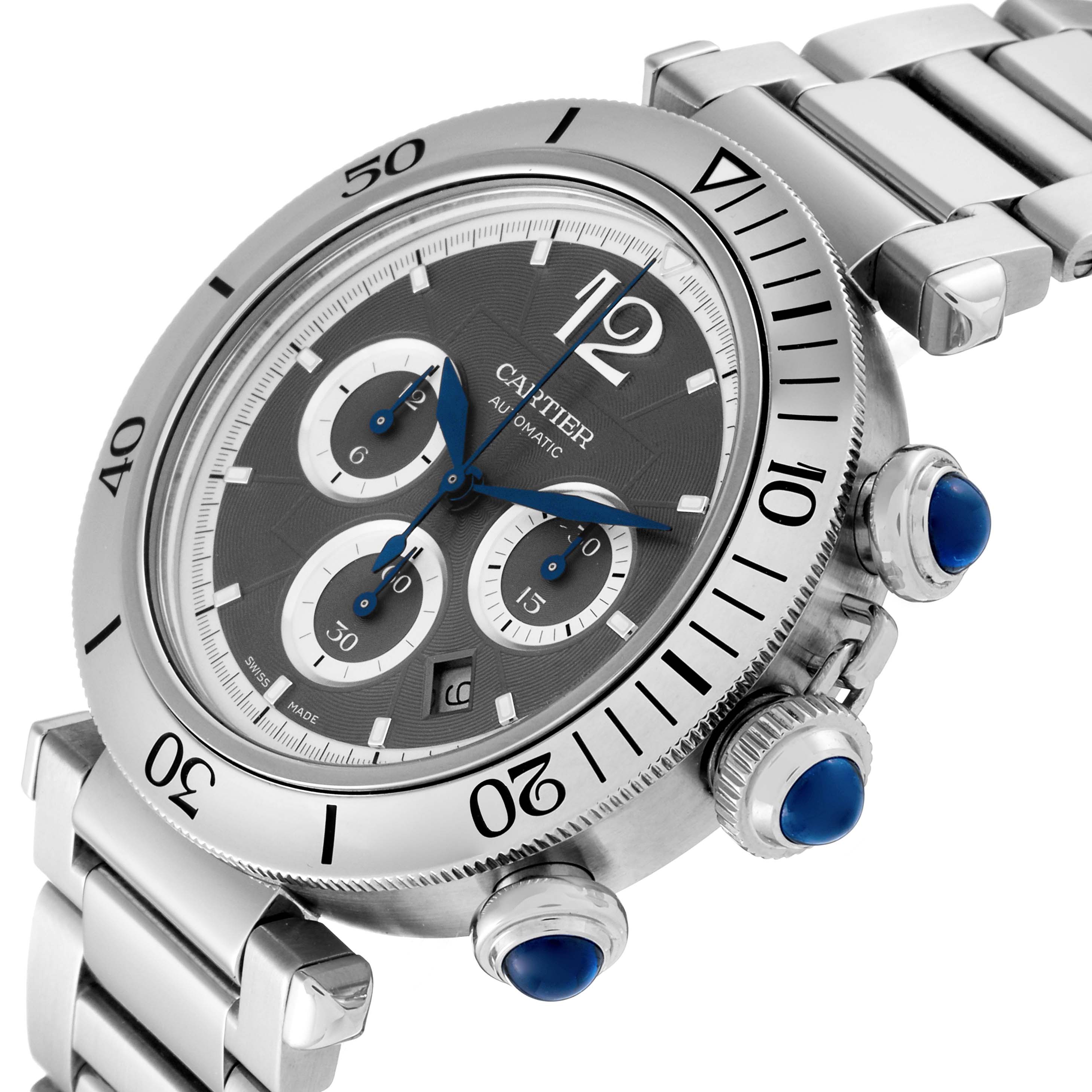 The image shows a side angle of a Cartier Pasha WSPA0027 Men's Stainless Steel Grey Dial WSPA0027 Men's Stainless Steel Grey Dial watch, highlighting the bezel, dial, chrono pushers, and bracelet.