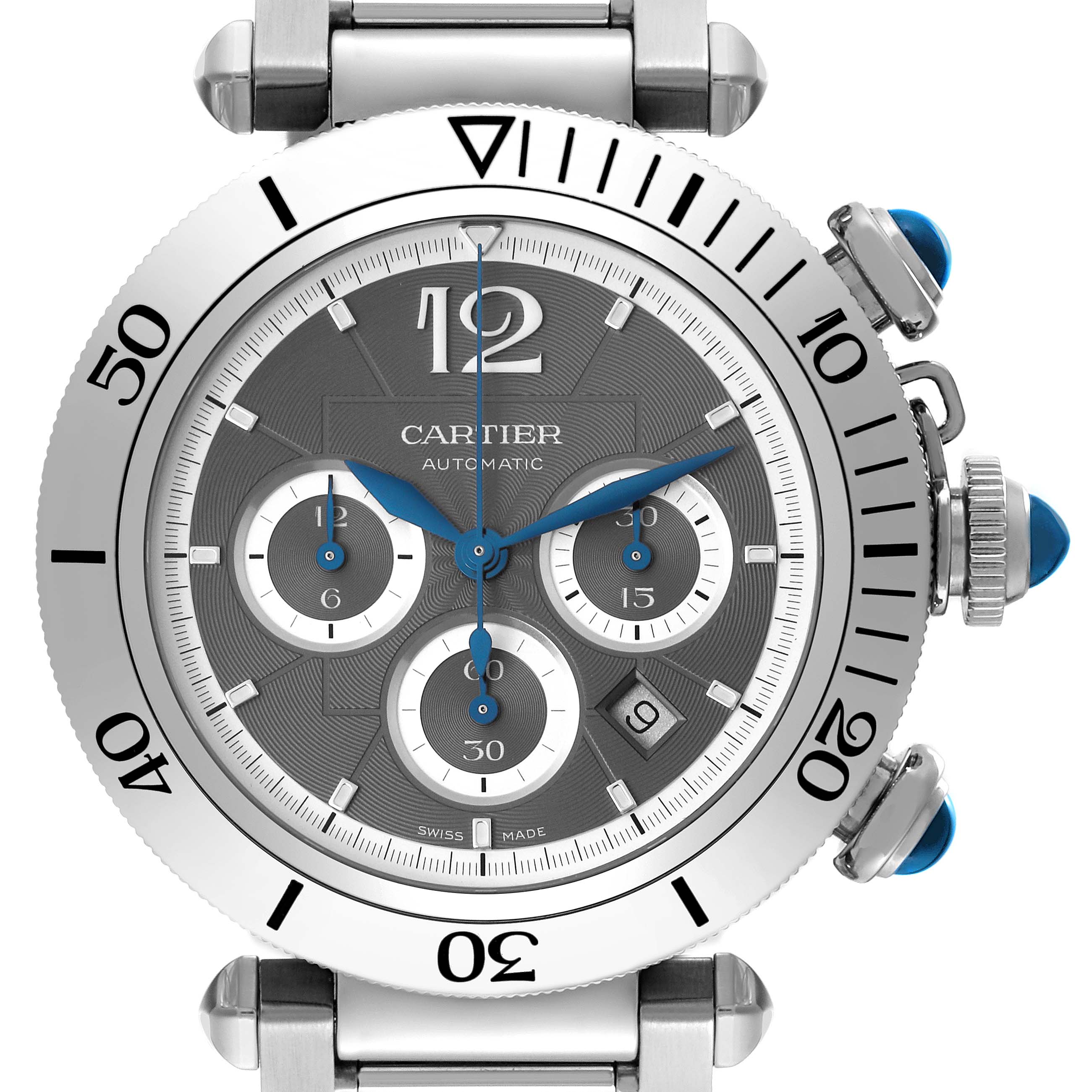 This image shows a Cartier Pasha WSPA0027 Men's Stainless Steel Grey Dial WSPA0027 Men's Stainless Steel Grey Dial watch from a front angle, highlighting its crown, sub-dials, and bezel.