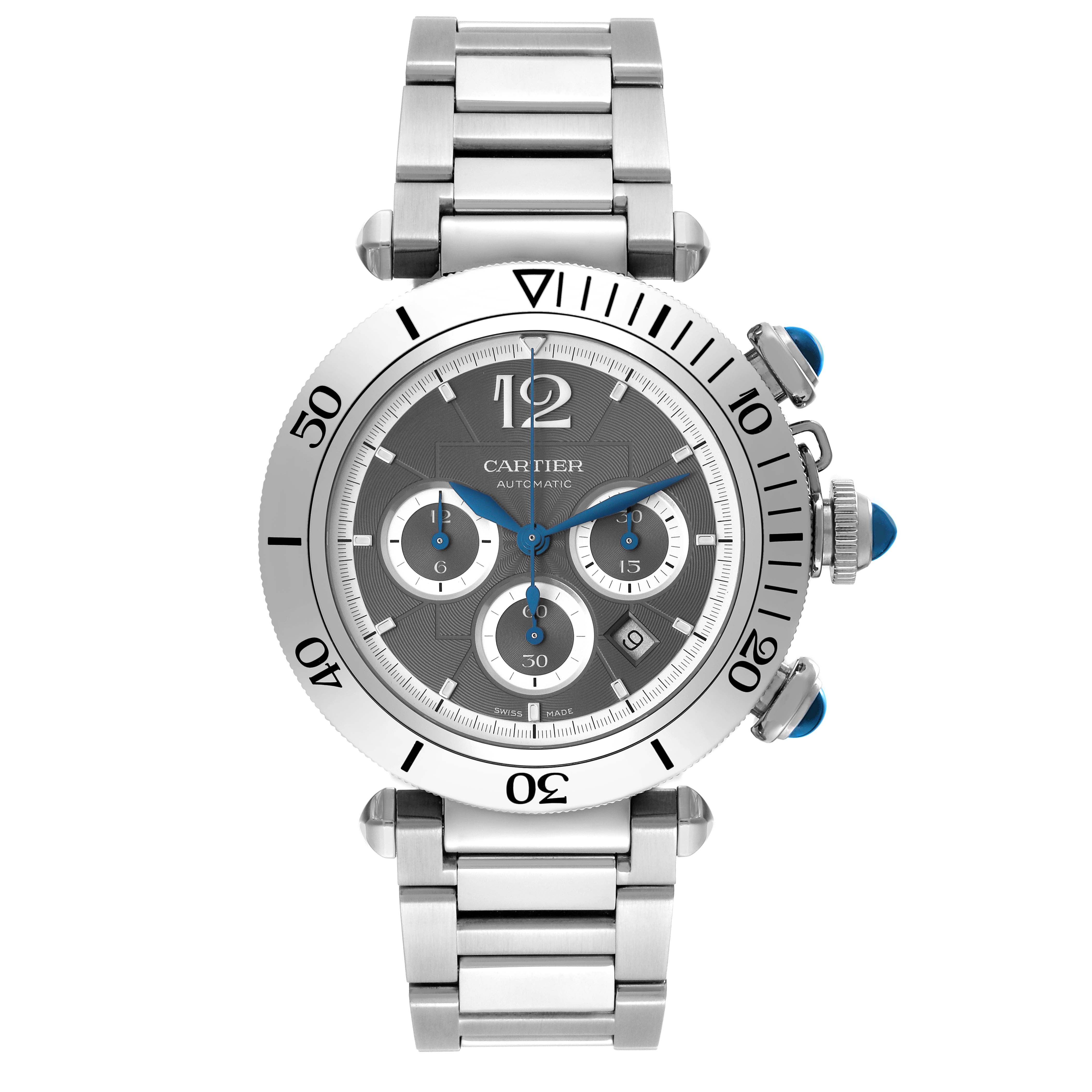 The Cartier Pasha WSPA0027 Men's Stainless Steel Grey Dial WSPA0027 Men's Stainless Steel Grey Dial watch is shown from a front-facing angle, displaying the dial, bezel, and metal bracelet.