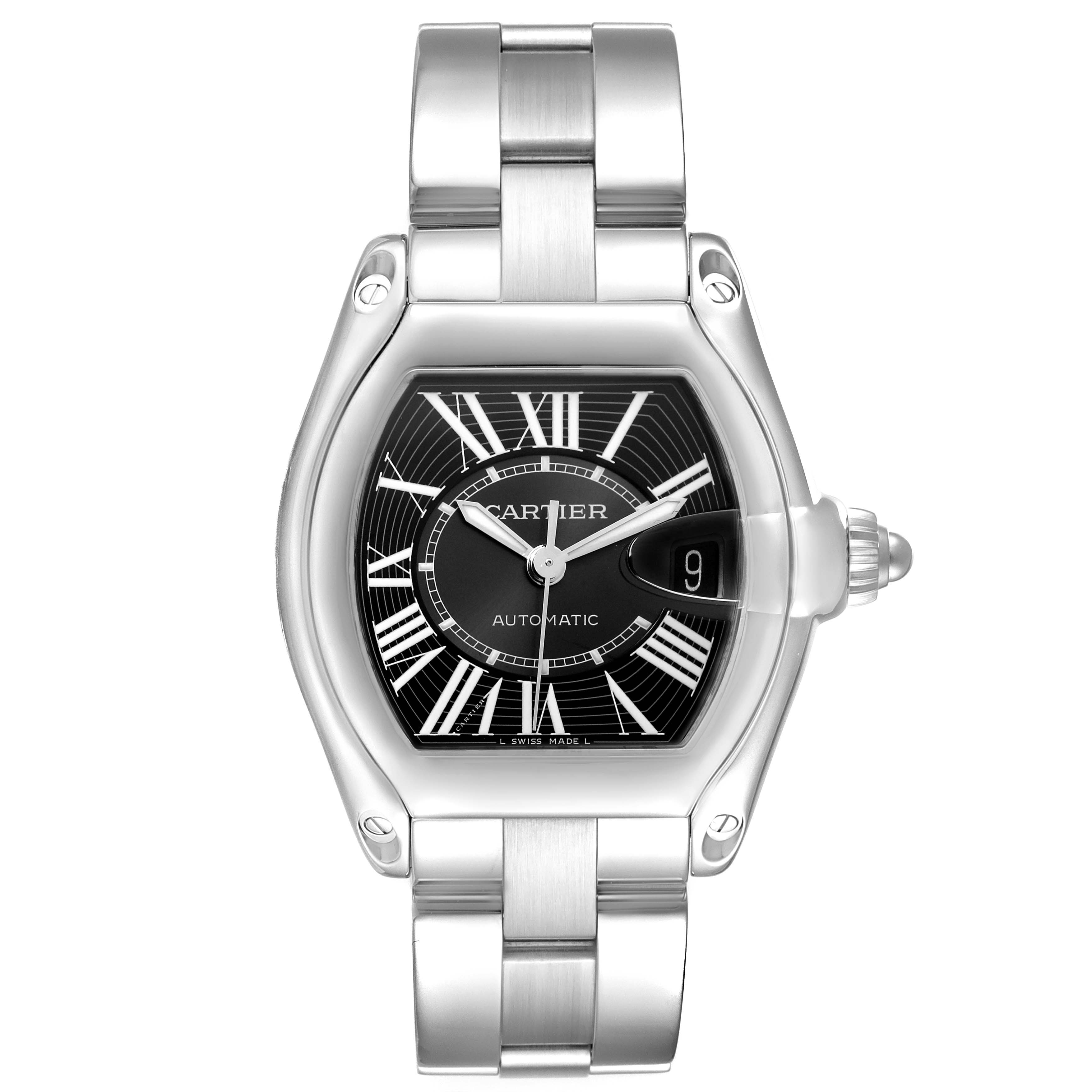 The Cartier Roadster W62041V3 Men's Stainless Steel Black Dial W62041V3 Men's Stainless Steel Black Dial model watch is shown from the front, highlighting its face, bracelet, and crown.