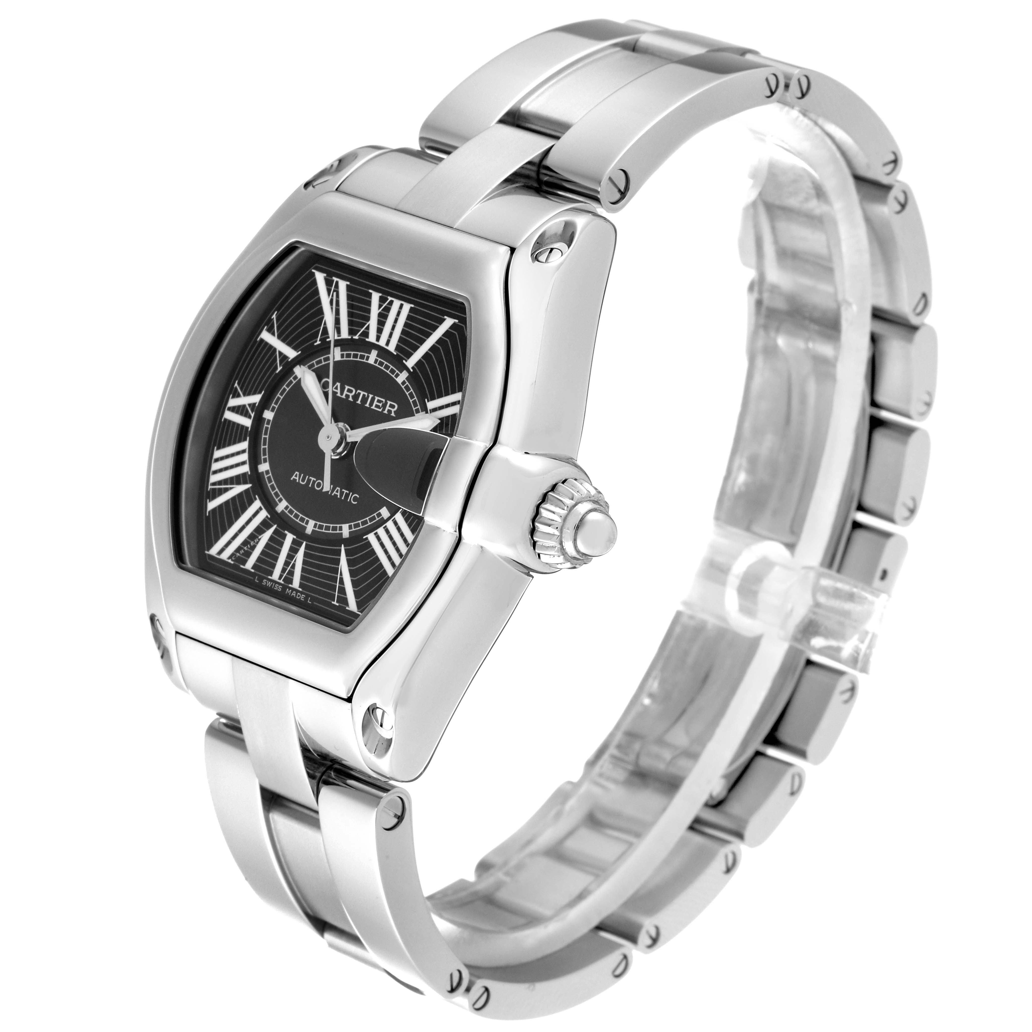 The Cartier Roadster W62041V3 Men's Stainless Steel Black Dial W62041V3 Men's Stainless Steel Black Dial watch is shown at a slight angle, displaying its face, crown, and bracelet.