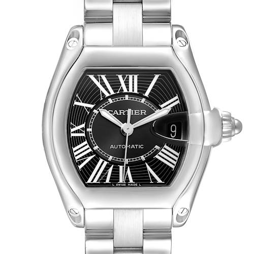 The image shows the front view of a Cartier Roadster model watch, displaying its dial, hands, and part of the bracelet.