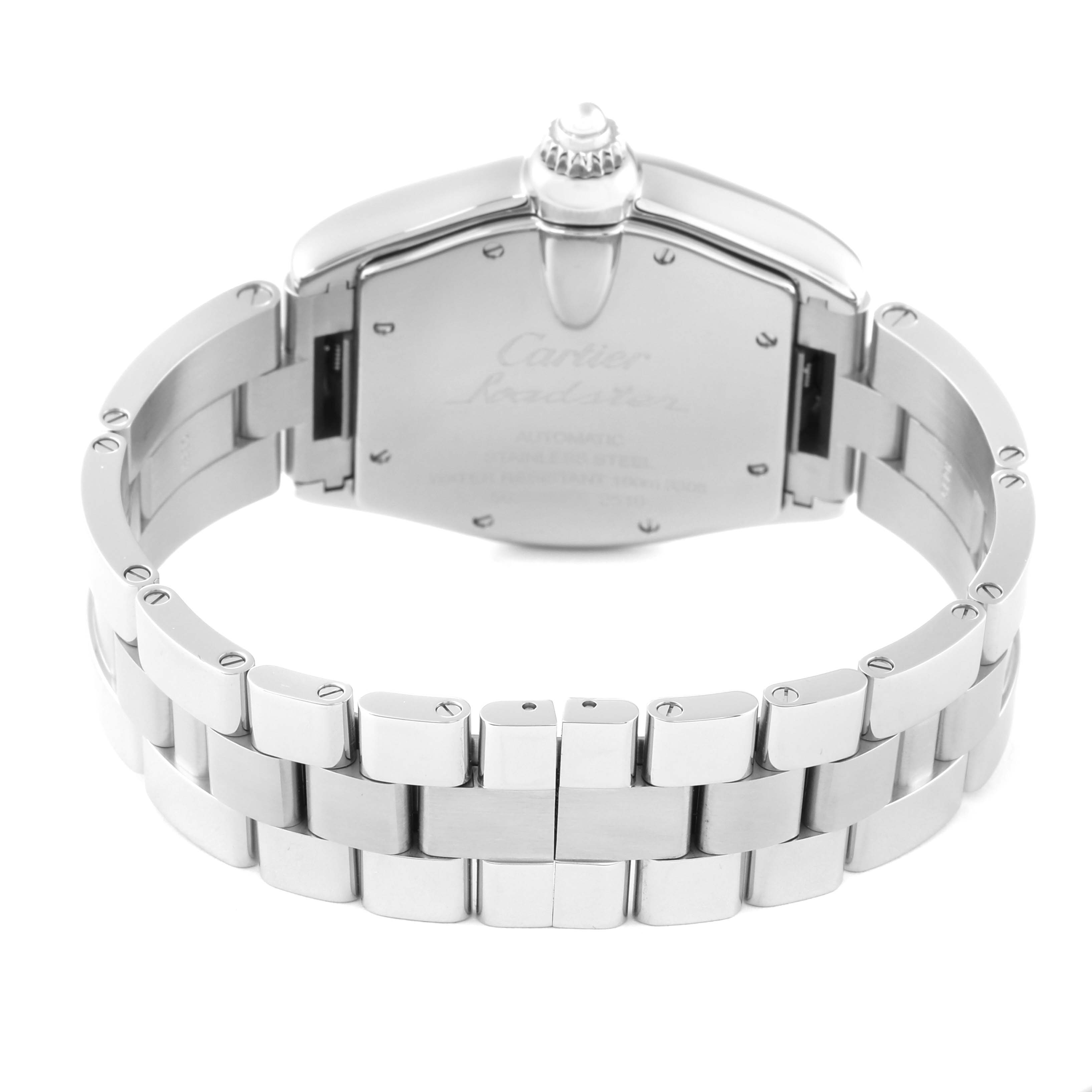 The image shows the back view of a Cartier Roadster W62041V3 Men's Stainless Steel Black Dial W62041V3 Men's Stainless Steel Black Dial watch, displaying its bracelet and case back.