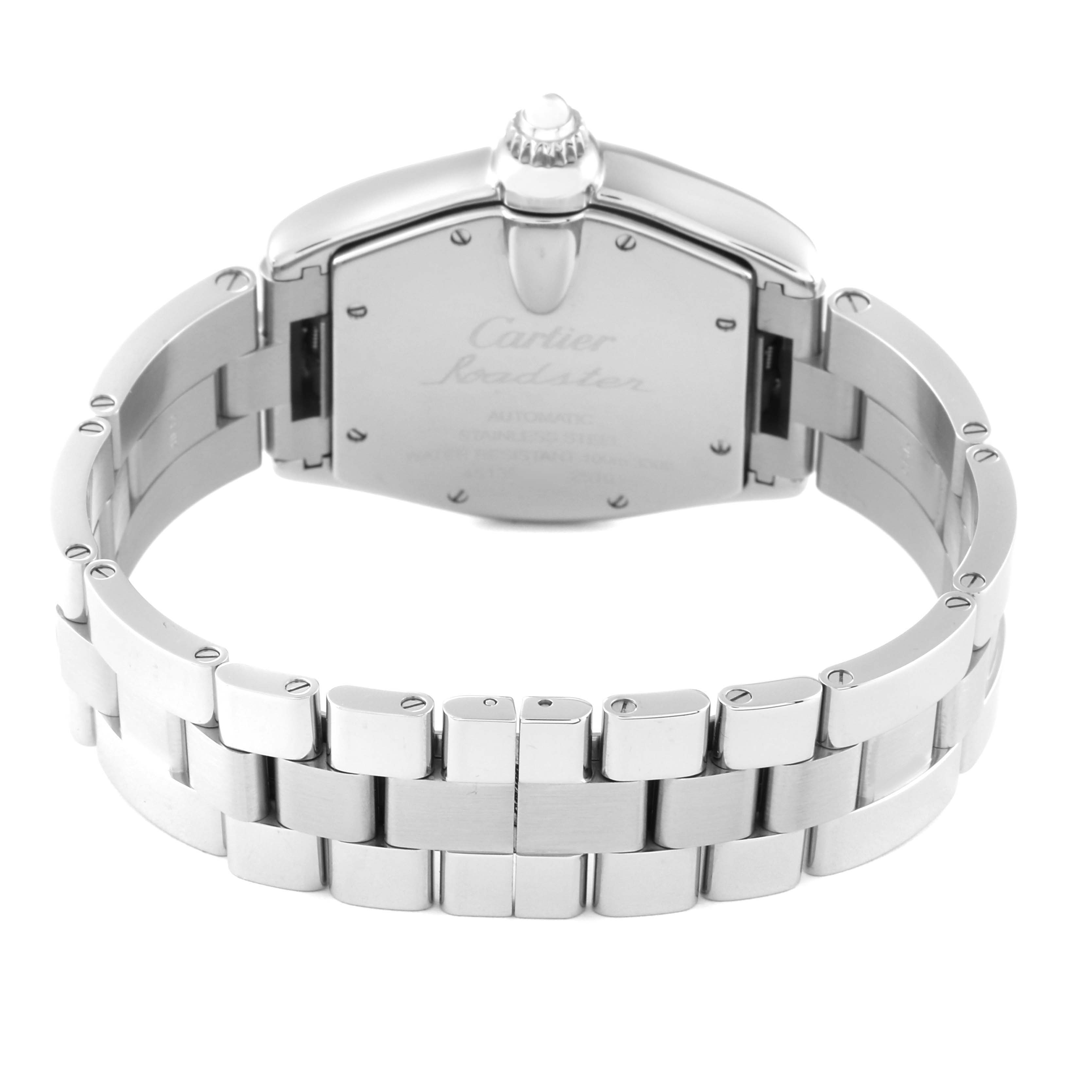 The image shows the back case and metal bracelet of the Cartier Roadster W62041V3 Men's Stainless Steel Black Dial W62041V3 Men's Stainless Steel Black Dial watch at a straight-on angle.