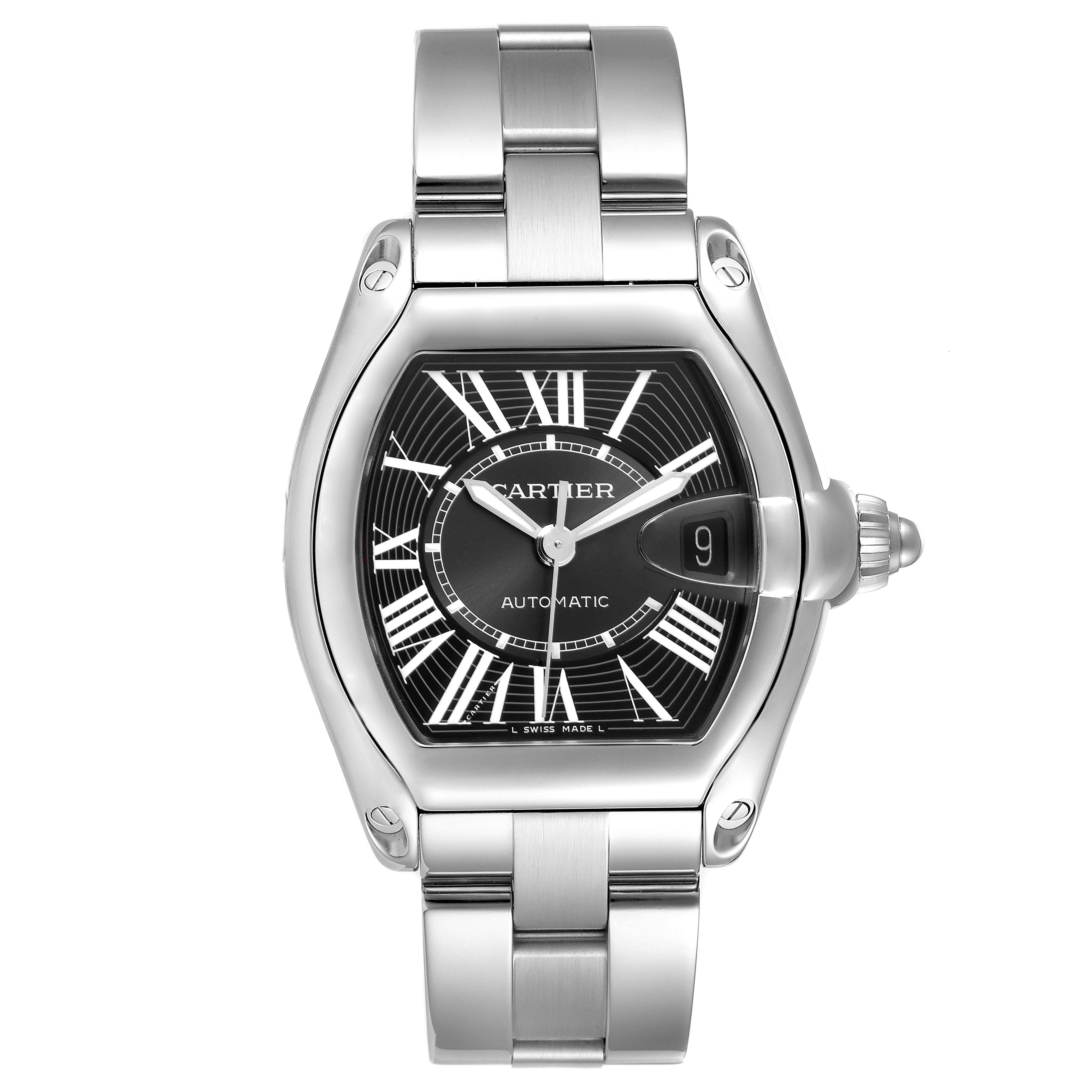 The image shows a front view of the Cartier Roadster W62041V3 Men's Stainless Steel Black Dial W62041V3 Men's Stainless Steel Black Dial watch, displaying the dial, hands, and bracelet.