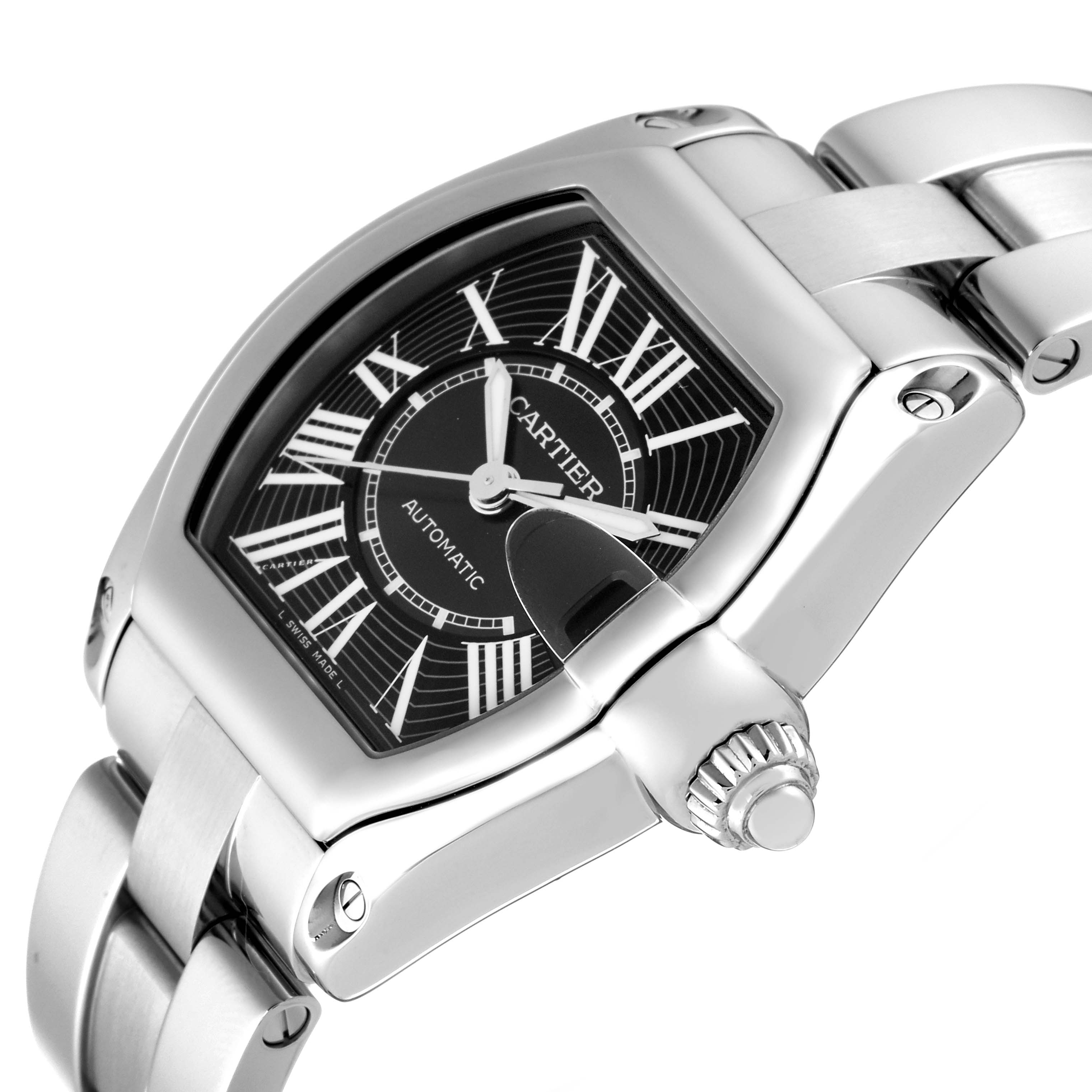 The image shows a Cartier Roadster W62041V3 Men's Stainless Steel Black Dial W62041V3 Men's Stainless Steel Black Dial watch at a slight angle, displaying the dial, bezel, crown, and part of the bracelet.