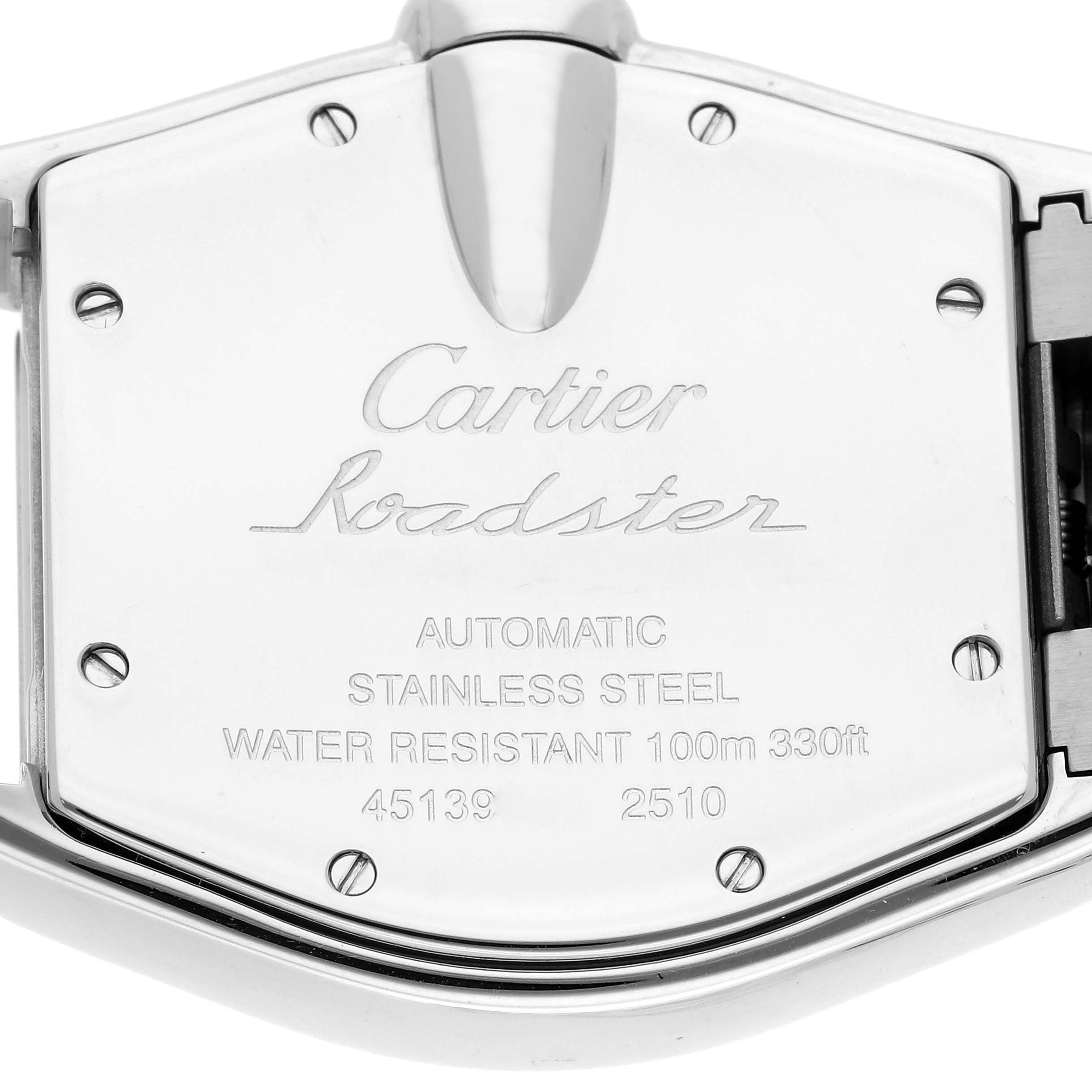 The image shows the back case of a Cartier Roadster W62041V3 Men's Stainless Steel Black Dial W62041V3 Men's Stainless Steel Black Dial watch, displaying engraved details and model specifications.