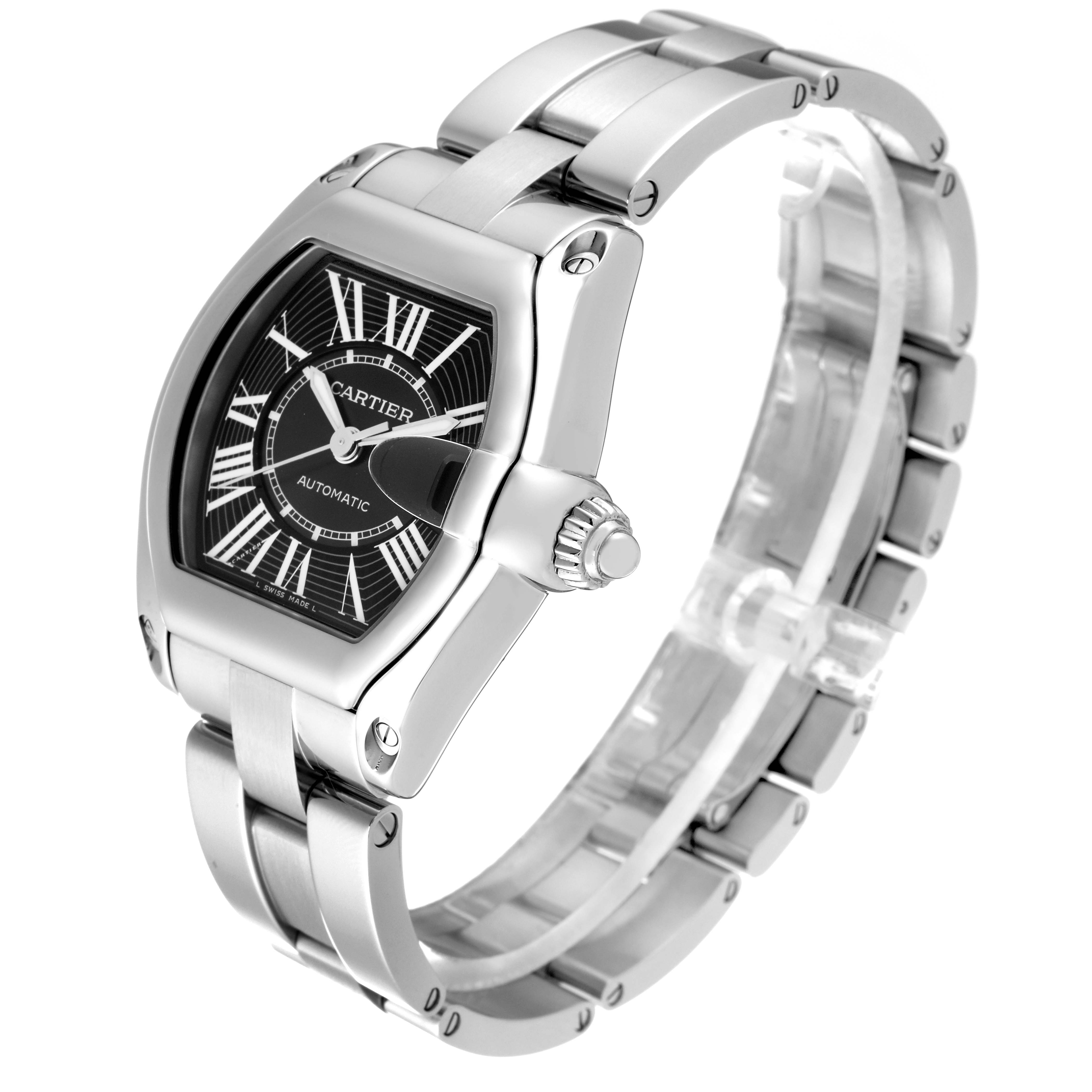 The Cartier Roadster W62041V3 Men's Stainless Steel Black Dial W62041V3 Men's Stainless Steel Black Dial watch is shown from an angled top view, displaying the face, bezel, crown, and bracelet.