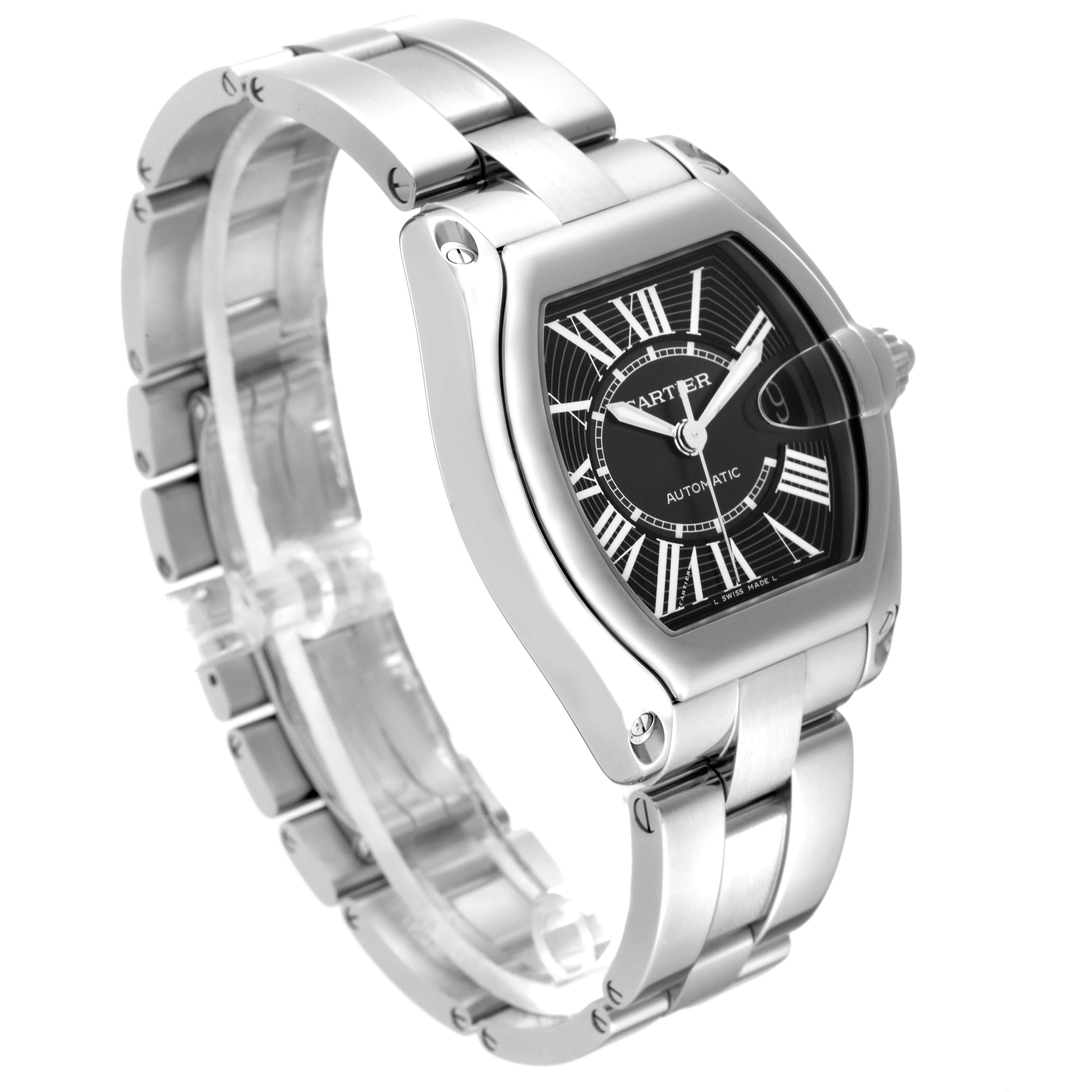 The image shows a Cartier Roadster W62041V3 Men's Stainless Steel Black Dial W62041V3 Men's Stainless Steel Black Dial watch angled to display the face, bezel, and bracelet clearly.