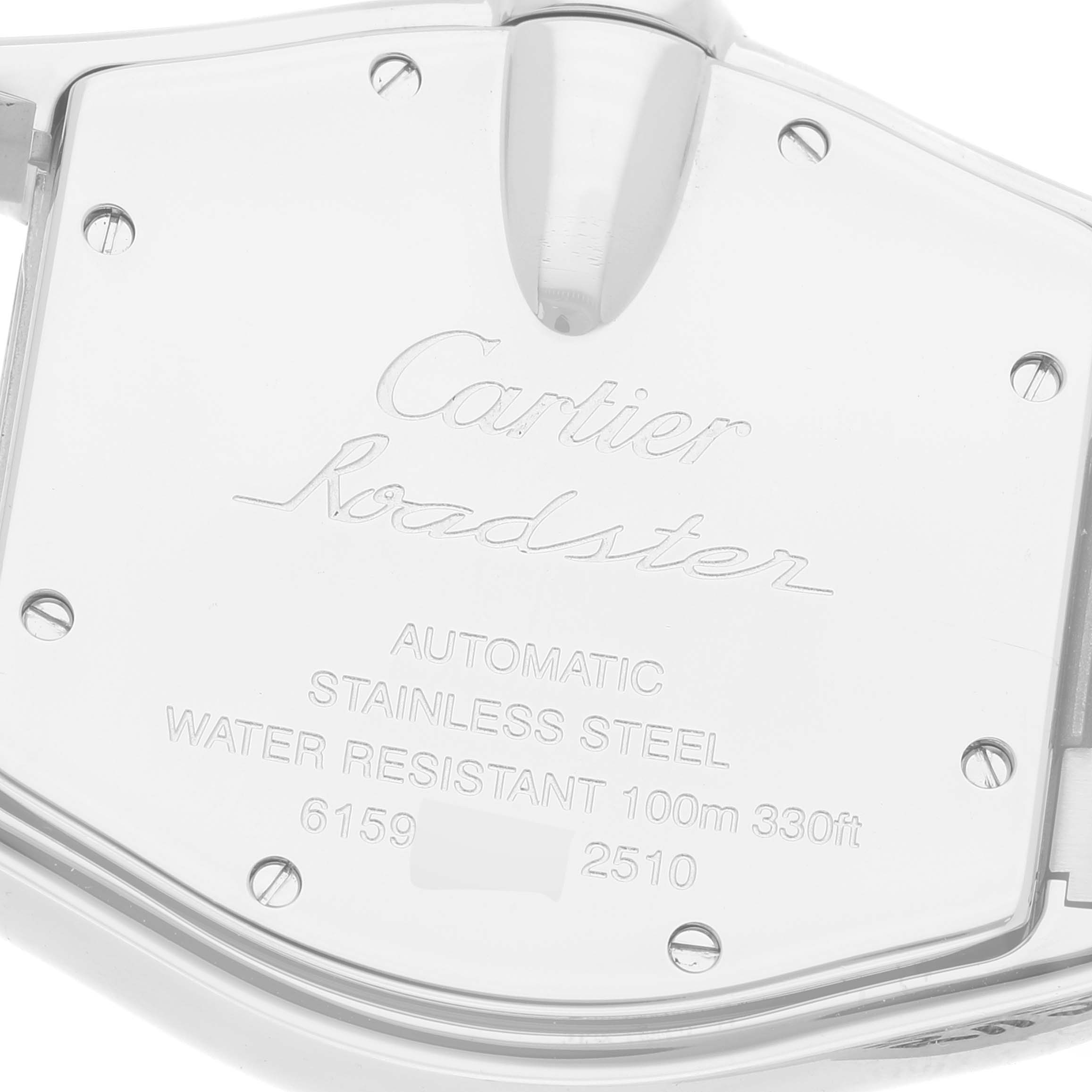 The image shows the back case of the Cartier Roadster W62025V3 Men's Stainless Steel Silver Dial W62025V3 Men's Stainless Steel Silver Dial watch, highlighting its engravings and screw details.