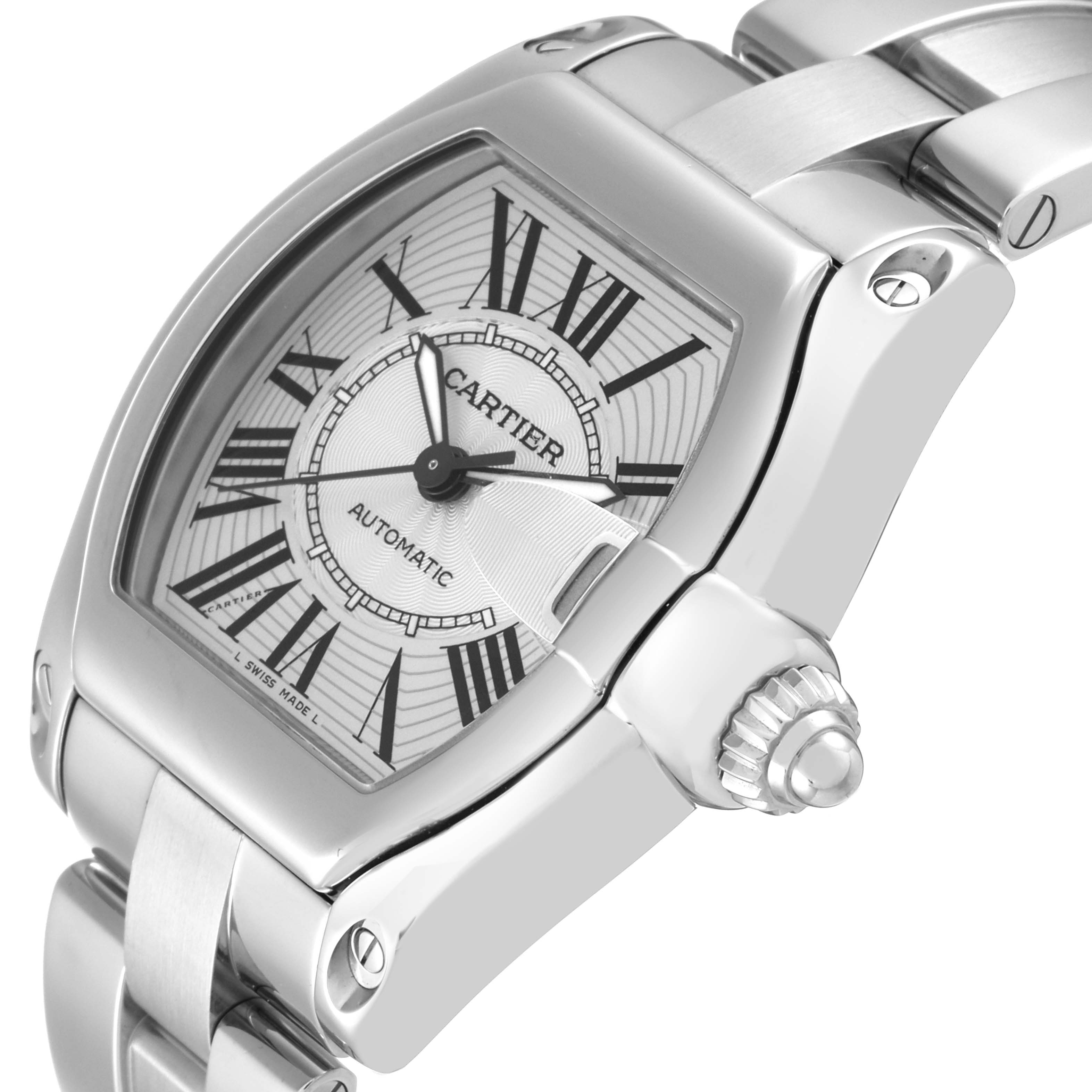 This image shows a close-up, angled view of the Roadster model by Cartier, highlighting the dial, crown, and part of the bracelet.