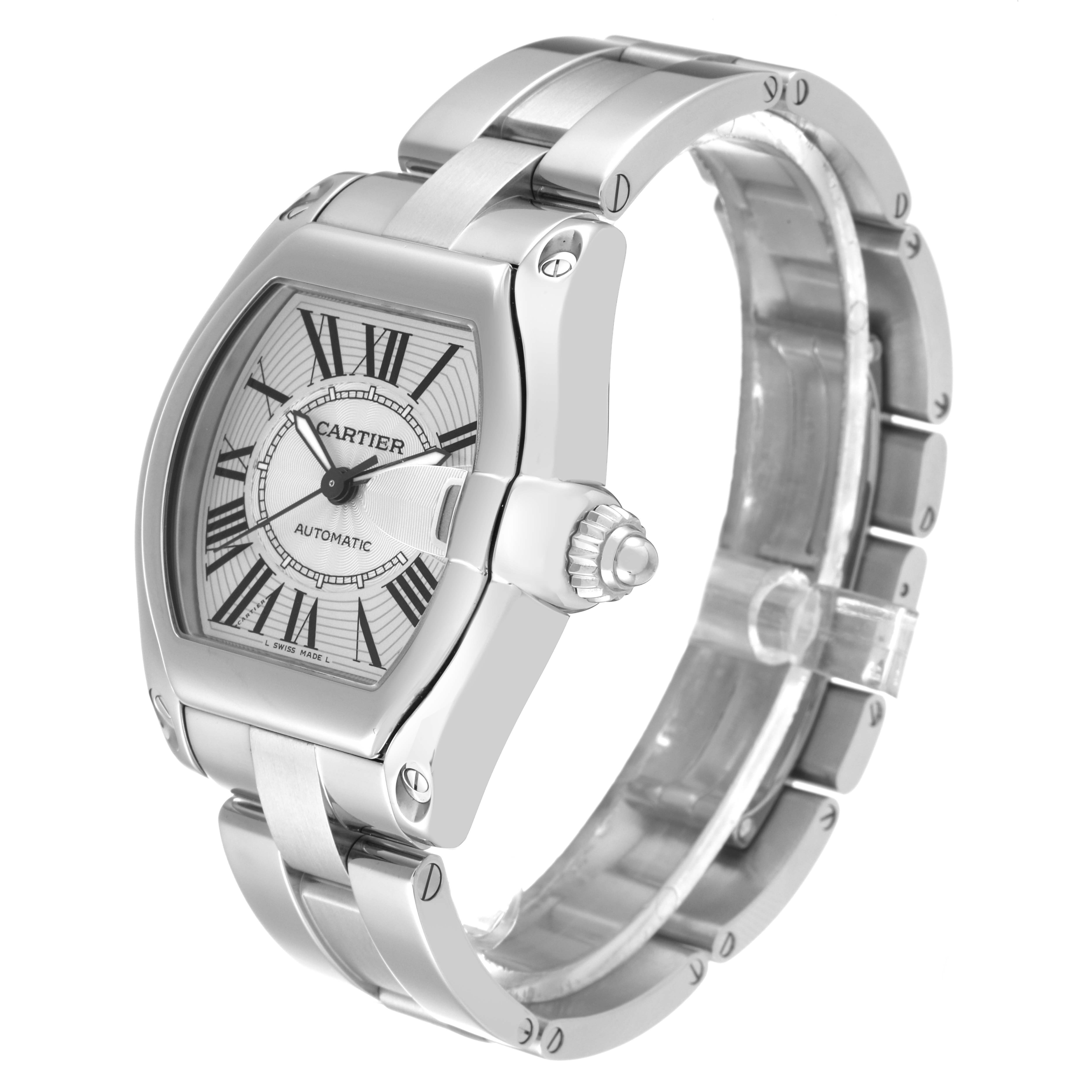 The image shows a Cartier Roadster W62025V3 Men's Stainless Steel Silver Dial W62025V3 Men's Stainless Steel Silver Dial watch positioned at an angle highlighting the face, crown, and part of the bracelet.