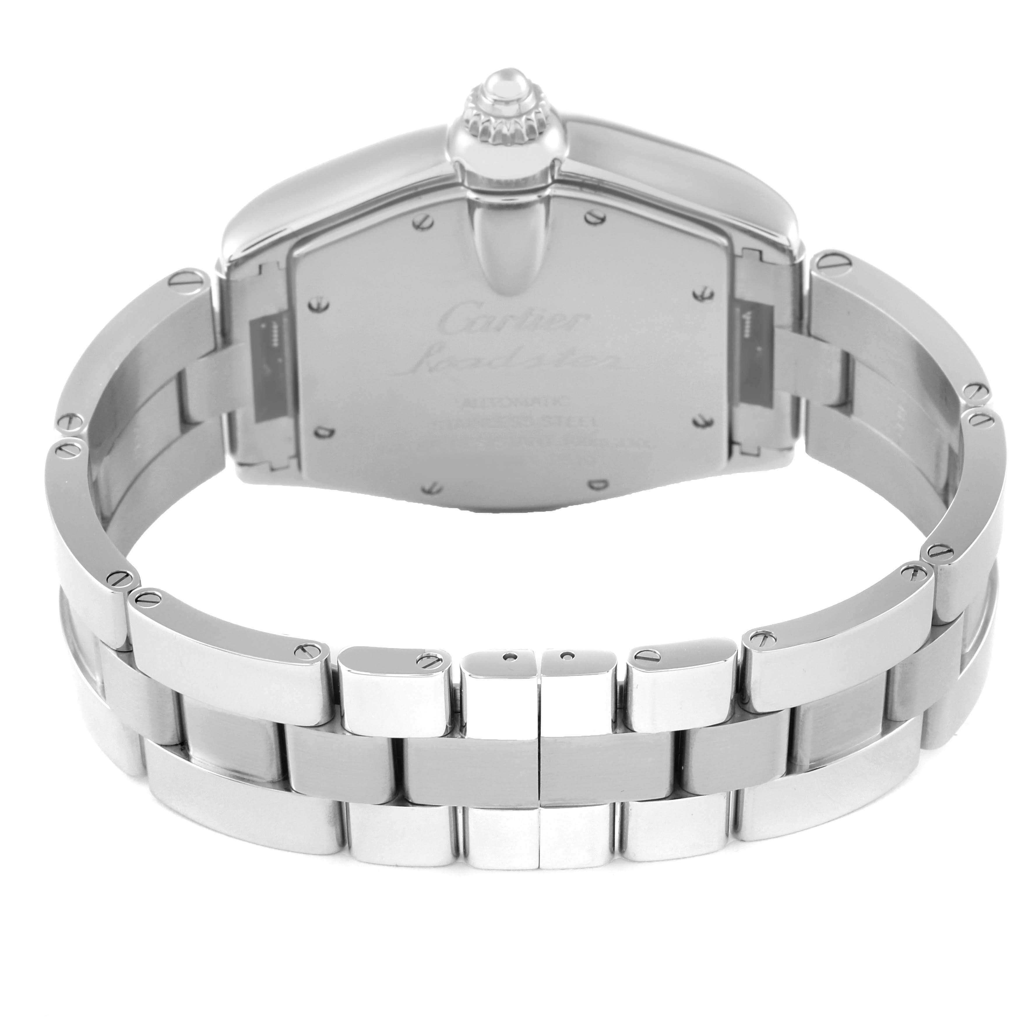 The image shows the back view of a Cartier Roadster W62025V3 Men's Stainless Steel Silver Dial W62025V3 Men's Stainless Steel Silver Dial watch, focusing on the case back and metal bracelet.