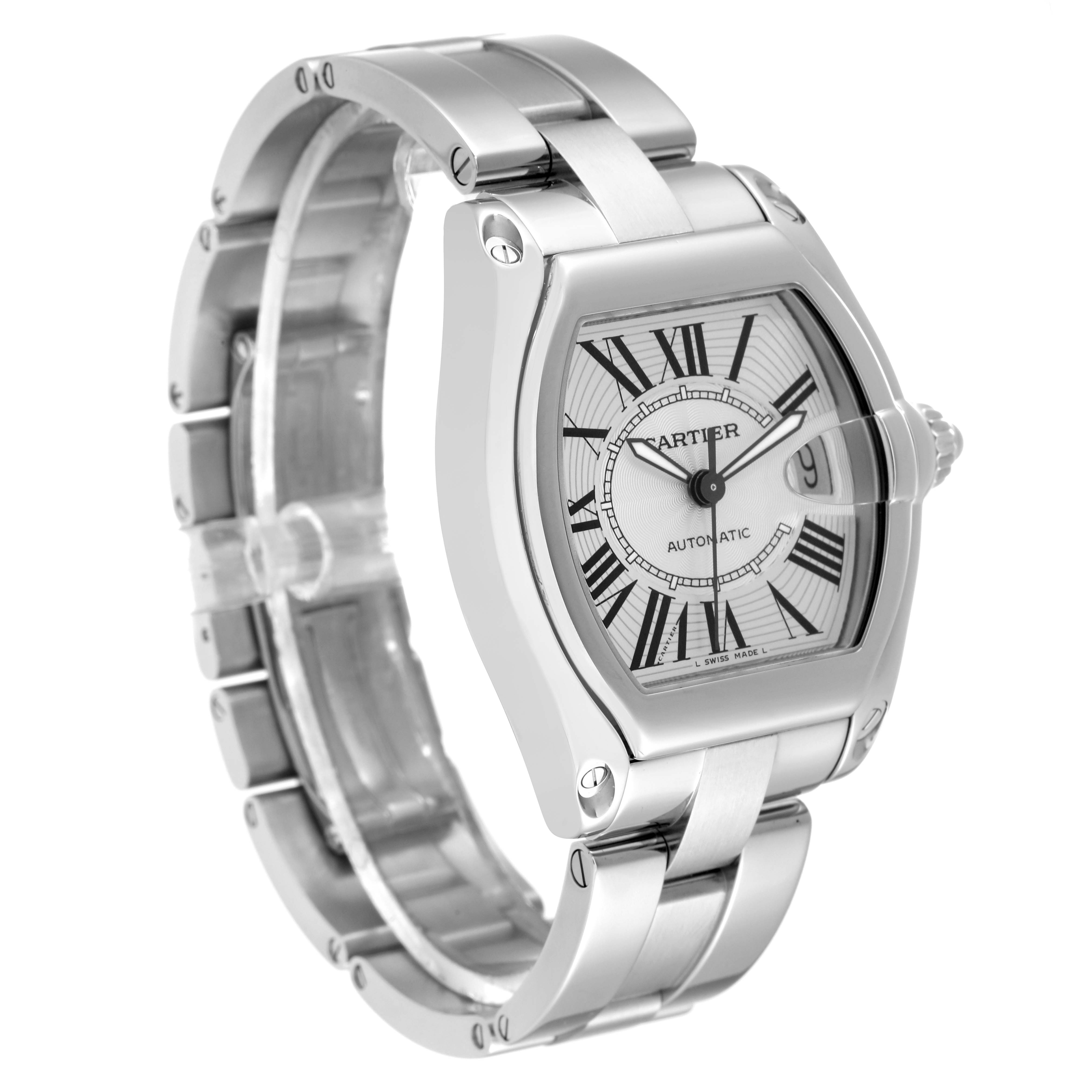 The Cartier Roadster W62025V3 Men's Stainless Steel Silver Dial W62025V3 Men's Stainless Steel Silver Dial watch is shown from a front-left angle, highlighting its face, bezel, and bracelet.