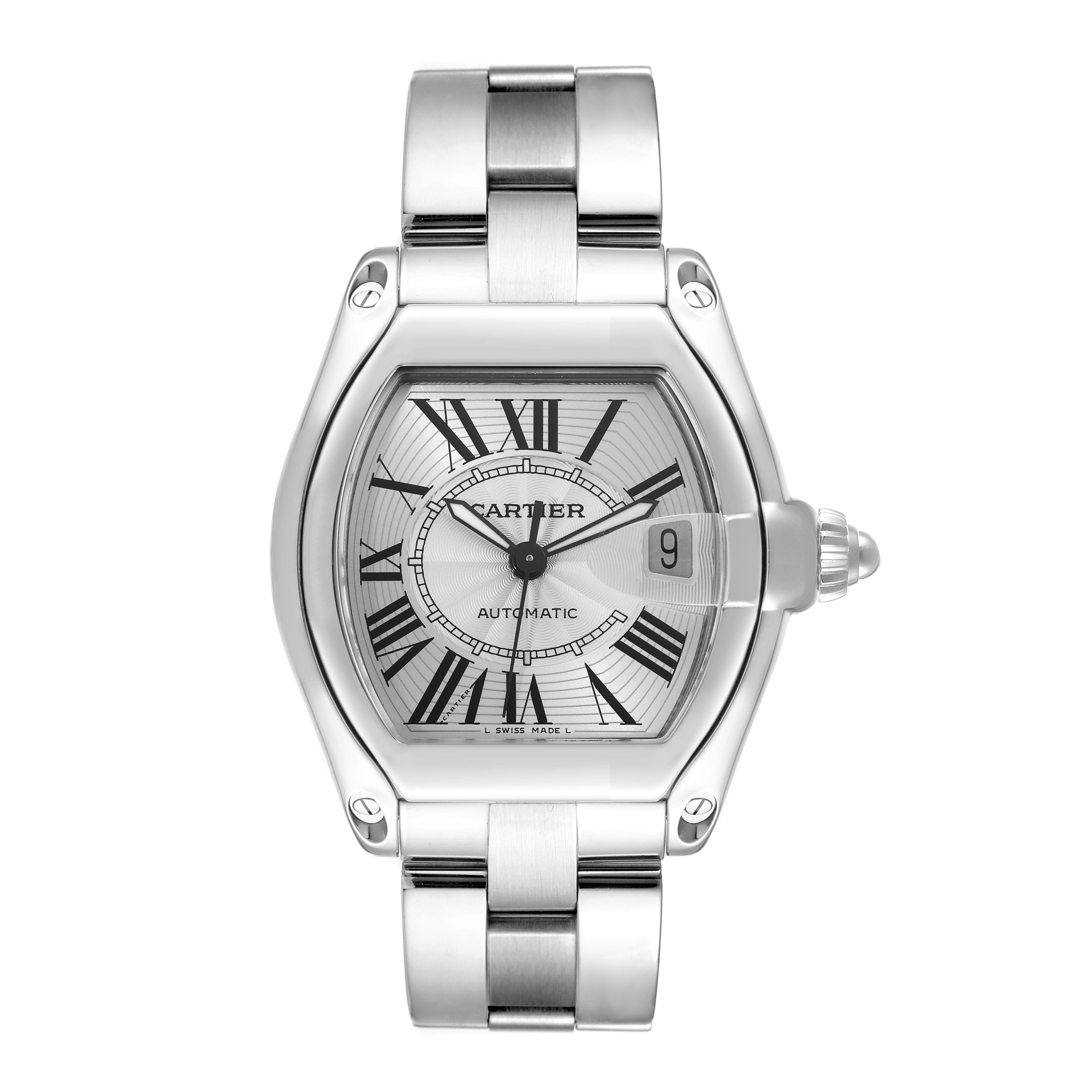 The Cartier Roadster W62025V3 Men's Stainless Steel Silver Dial W62025V3 Men's Stainless Steel Silver Dial watch is shown from a front angle, highlighting its dial, case, and metal bracelet.