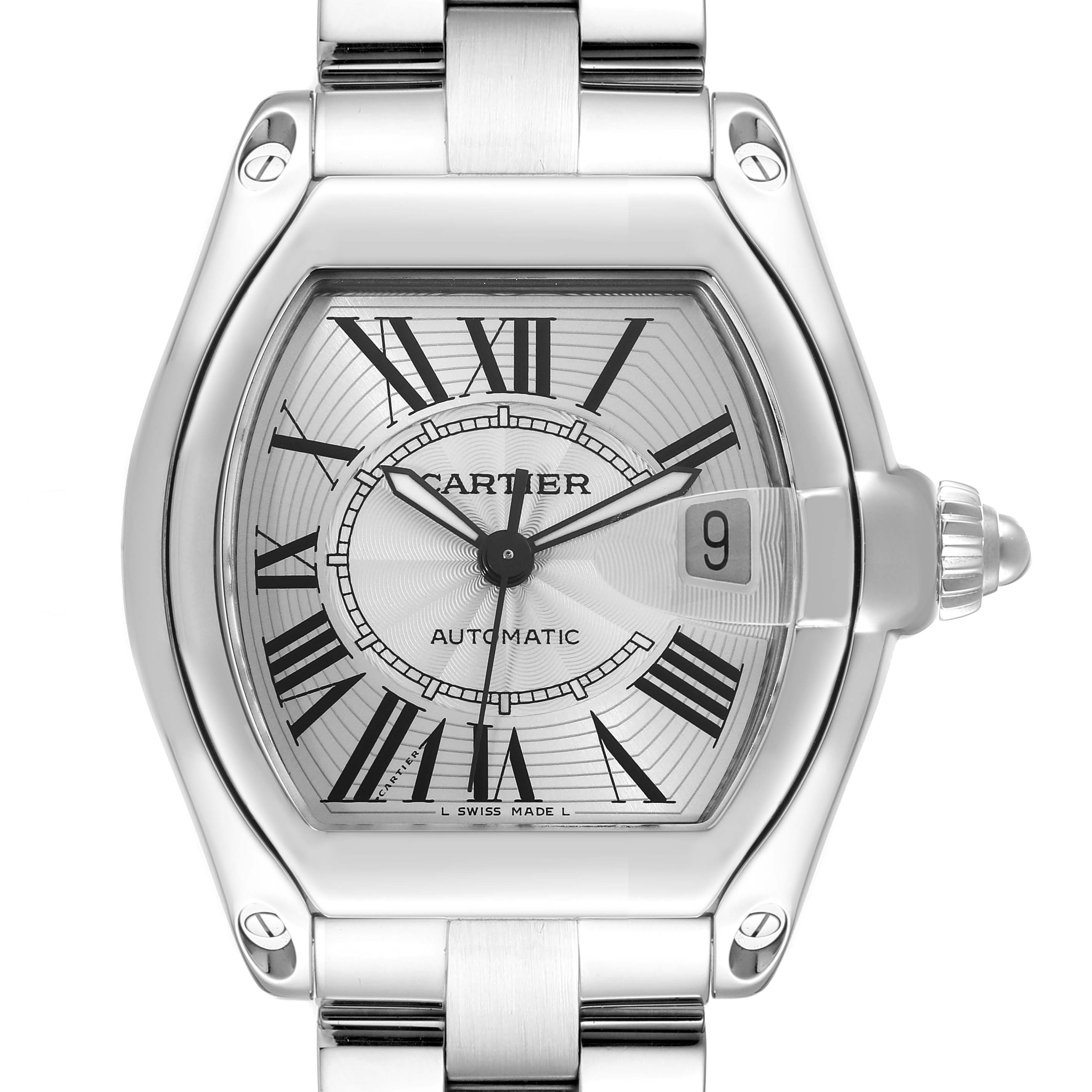 The image shows a full-frontal view of a Cartier Roadster W62025V3 Men's Stainless Steel Silver Dial W62025V3 Men's Stainless Steel Silver Dial watch, displaying its face, bezel, and partial bracelet.