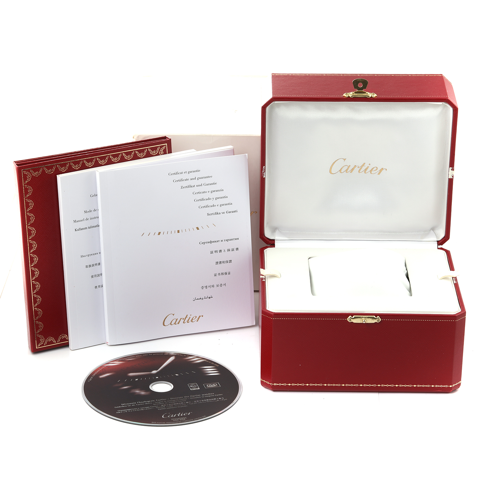 This image shows the box, manuals, certificates, and a CD for the Cartier Roadster W62025V3 Men's Stainless Steel Silver Dial W62025V3 Men's Stainless Steel Silver Dial model watch.