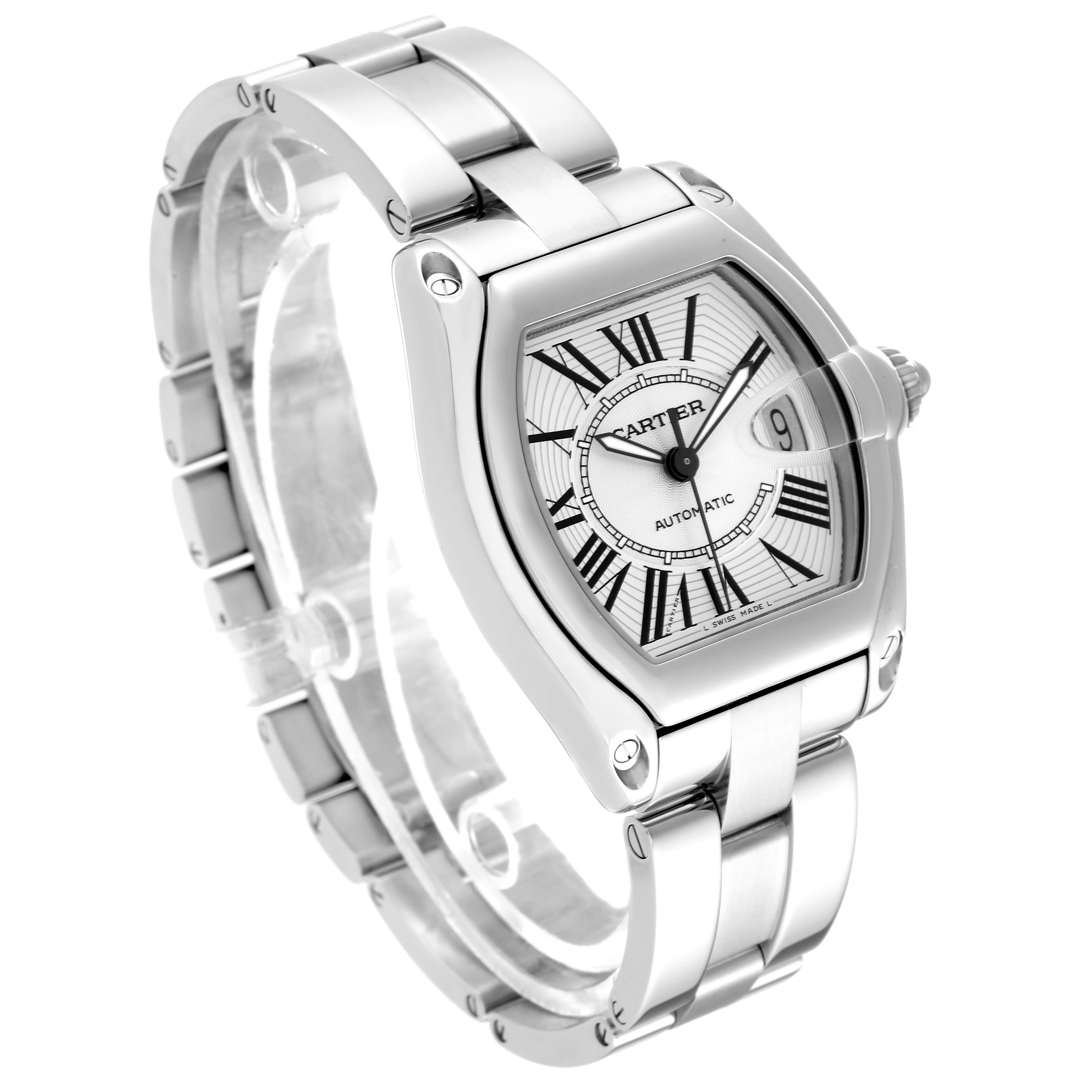The Cartier Roadster W62025V3 Men's Stainless Steel Silver Dial W62025V3 Men's Stainless Steel Silver Dial watch is shown at an angled side view, highlighting its face, bracelet, and crown.