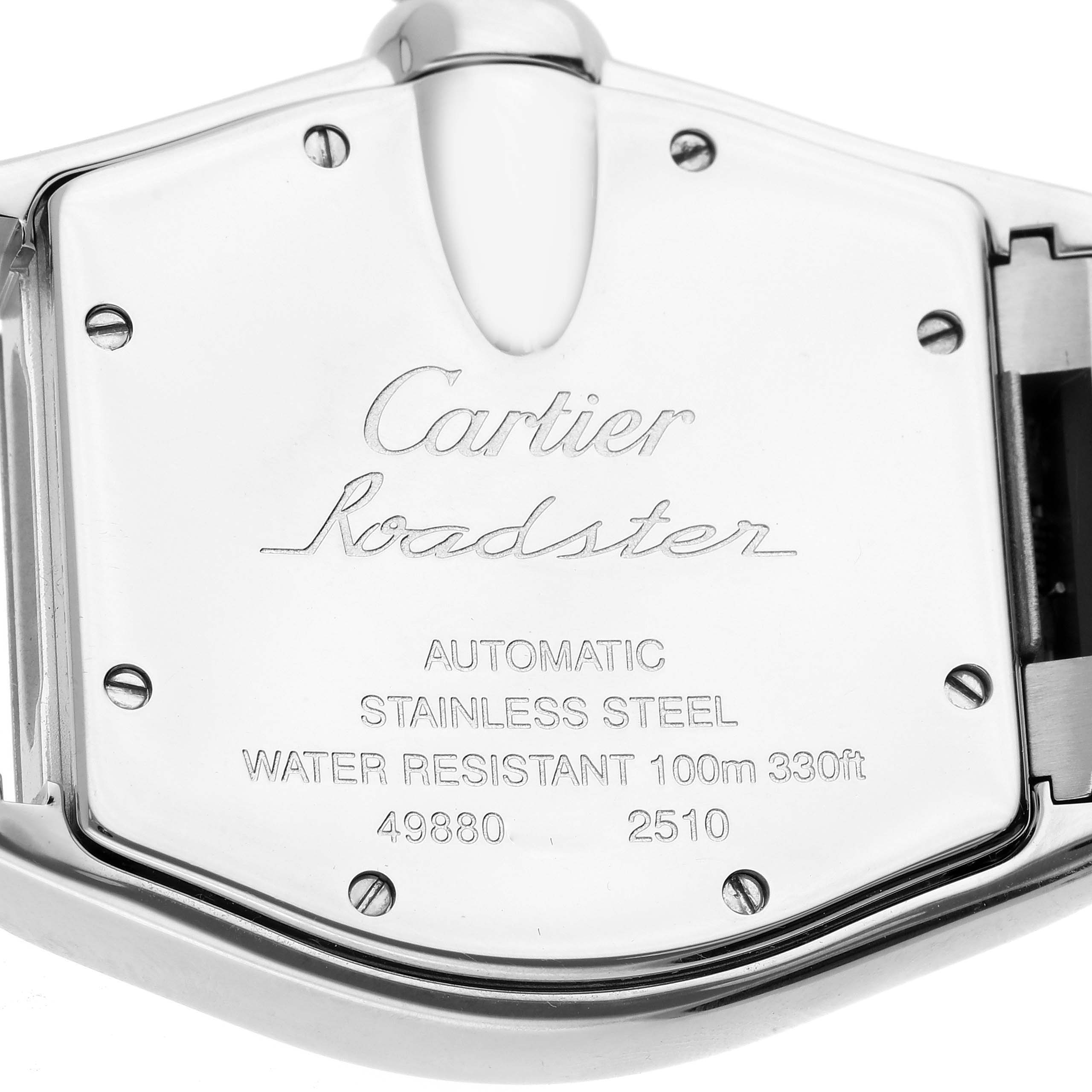 The image shows the case back of the Cartier Roadster W62025V3 Men's Stainless Steel Silver Dial W62025V3 Men's Stainless Steel Silver Dial watch, displaying the brand, model name, and technical specifications.