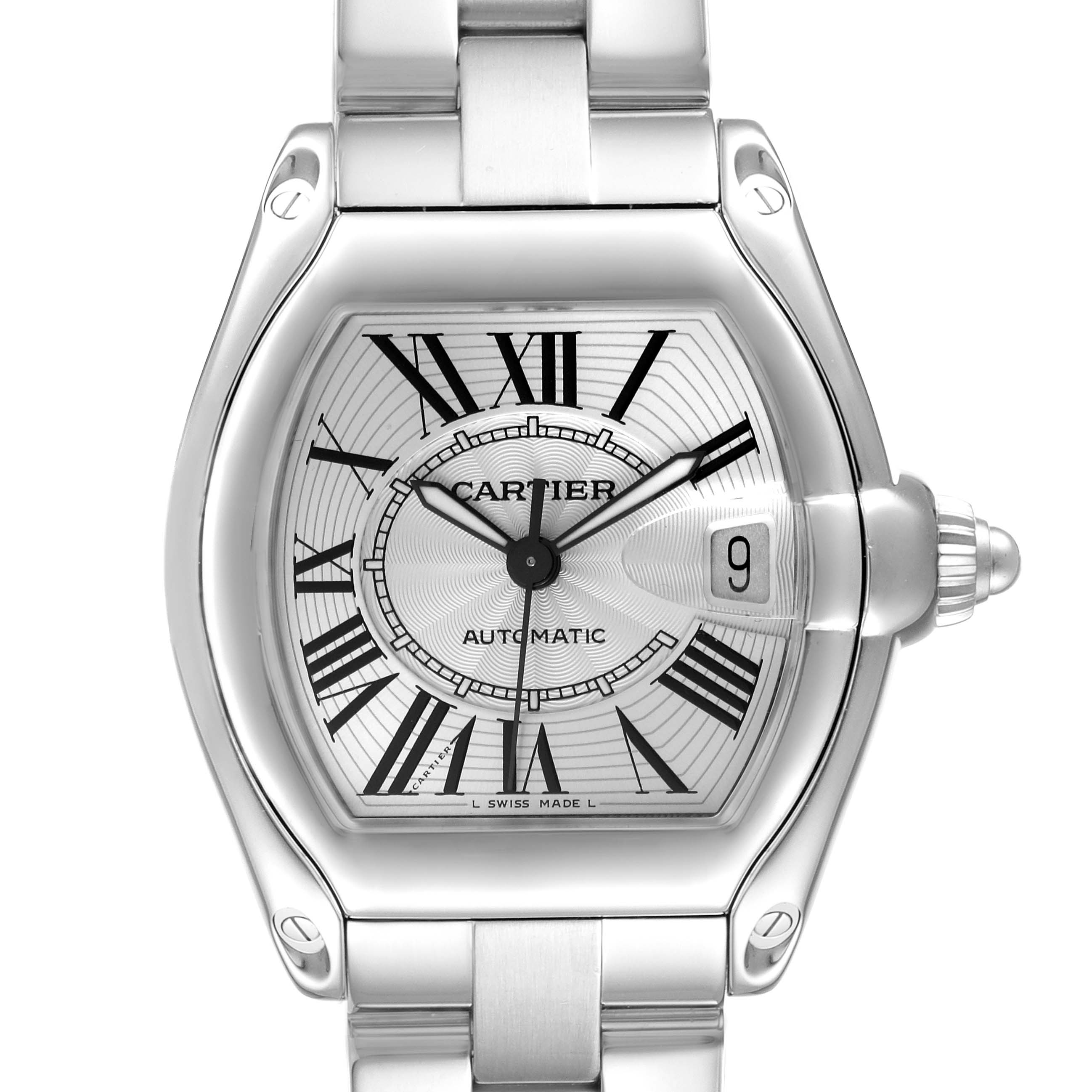 The image shows a front view of the Cartier Roadster W62025V3 Men's Stainless Steel Silver Dial W62025V3 Men's Stainless Steel Silver Dial watch, highlighting its dial, hands, crown, and bracelet.