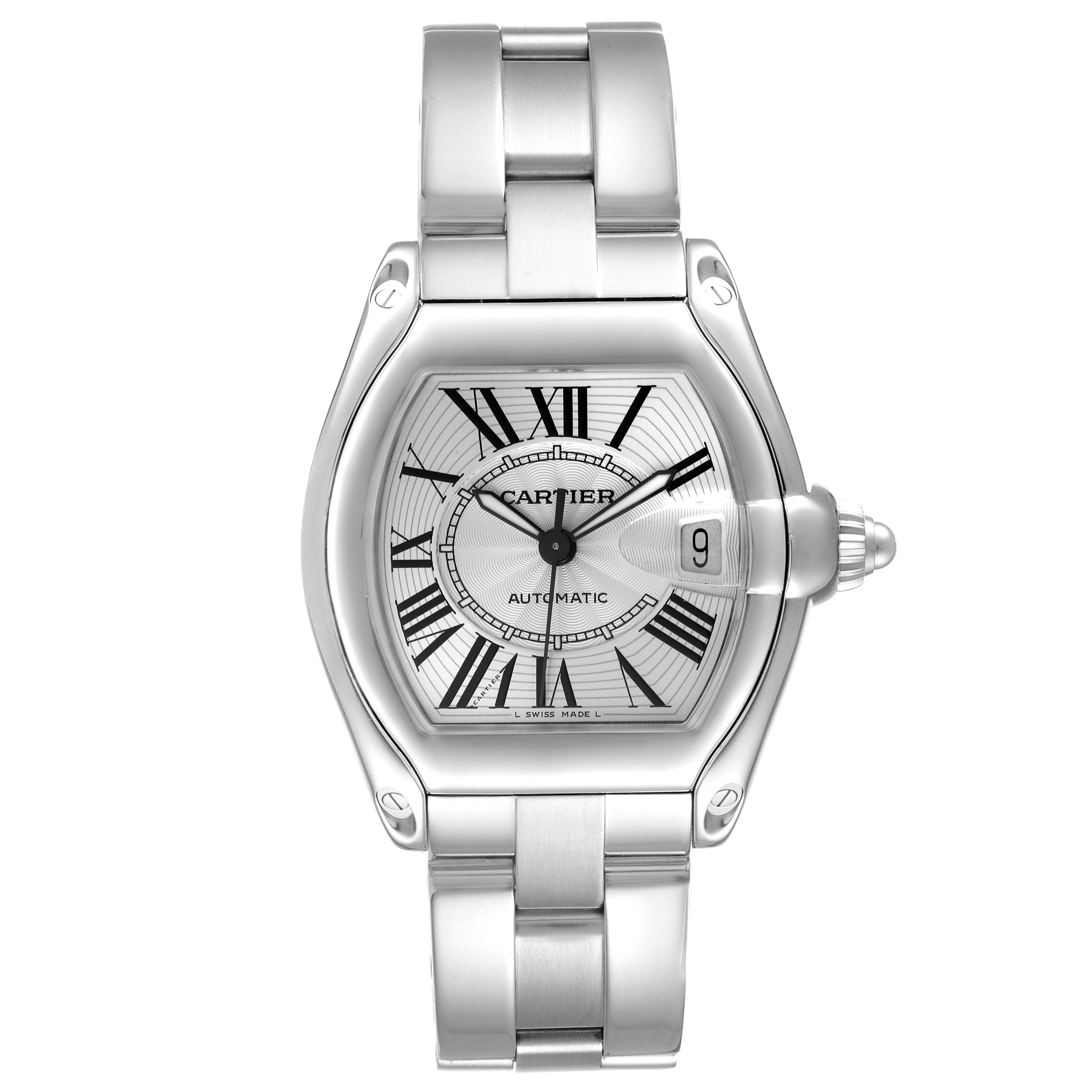 The image shows a full frontal view of the Cartier Roadster W62025V3 Men's Stainless Steel Silver Dial W62025V3 Men's Stainless Steel Silver Dial watch, displaying the face, bezel, and bracelet.
