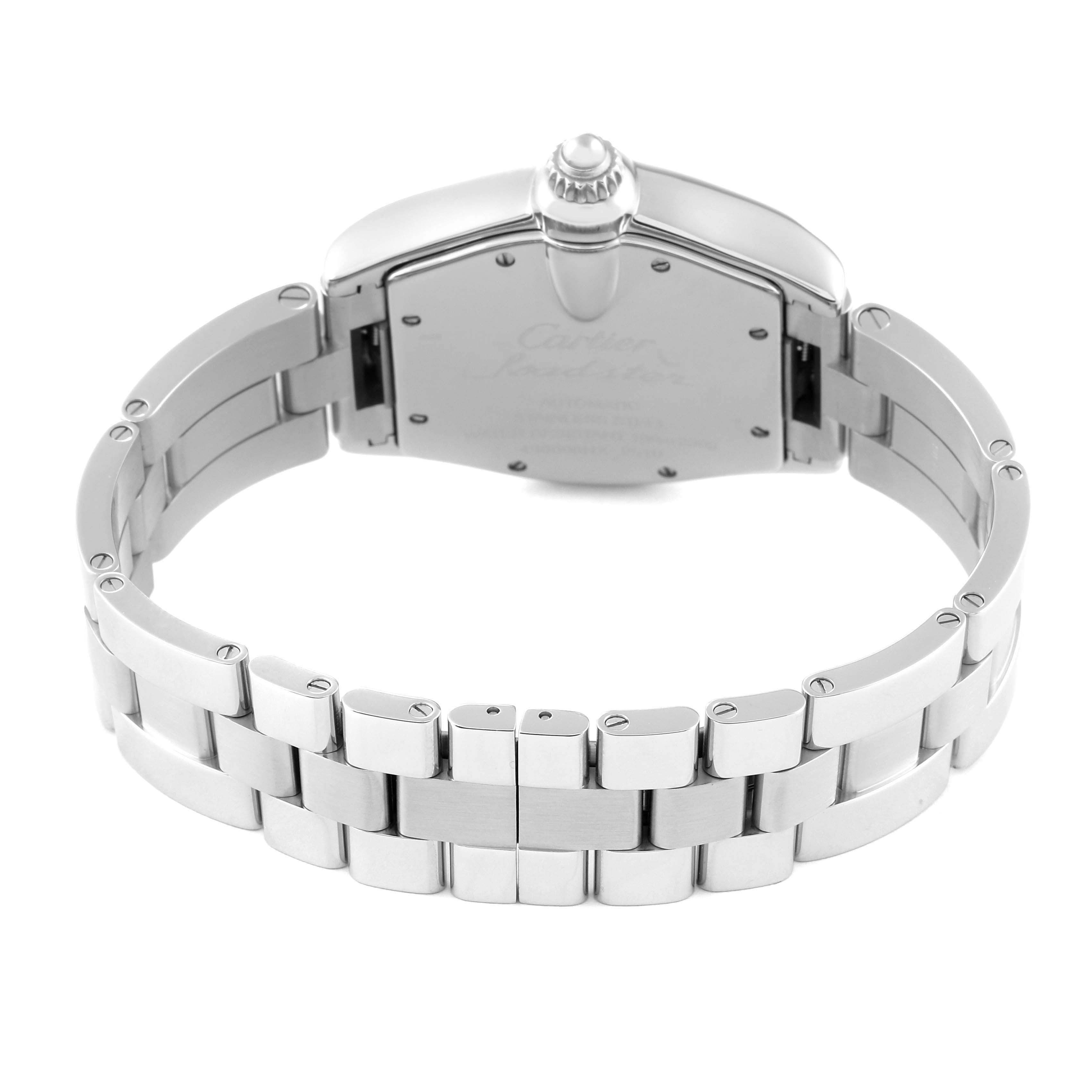 The image shows the back view of the Cartier Roadster W62025V3 Men's Stainless Steel Silver Dial W62025V3 Men's Stainless Steel Silver Dial watch, focusing on the stainless steel bracelet and case-back.