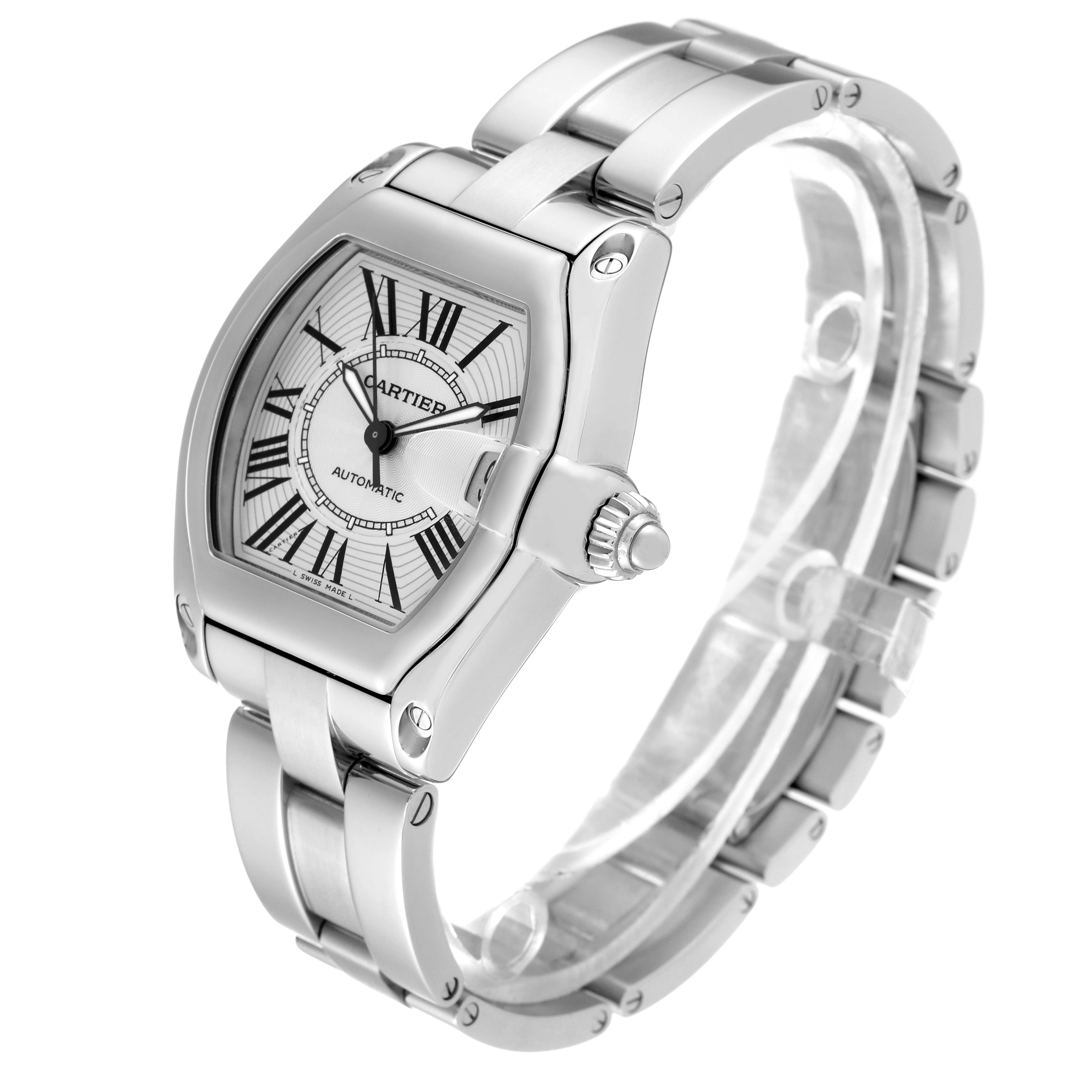 The image shows a side angle view of the Cartier Roadster W62025V3 Men's Stainless Steel Silver Dial W62025V3 Men's Stainless Steel Silver Dial model watch, highlighting its face, crown, and bracelet.