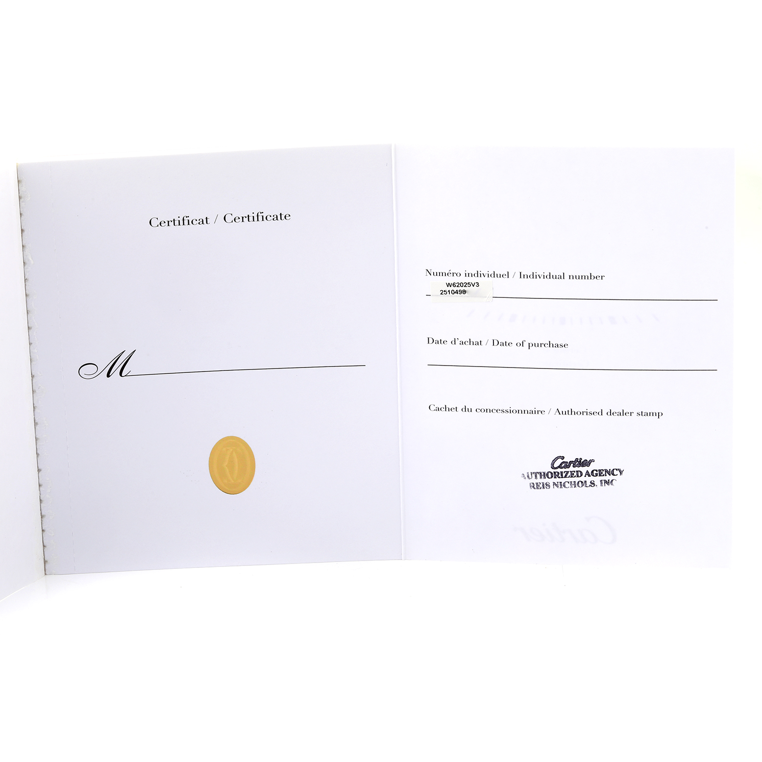 This image shows an open certificate booklet for the Cartier Roadster W62025V3 Men's Stainless Steel Silver Dial W62025V3 Men's Stainless Steel Silver Dial watch model, displaying purchase and dealer information fields.