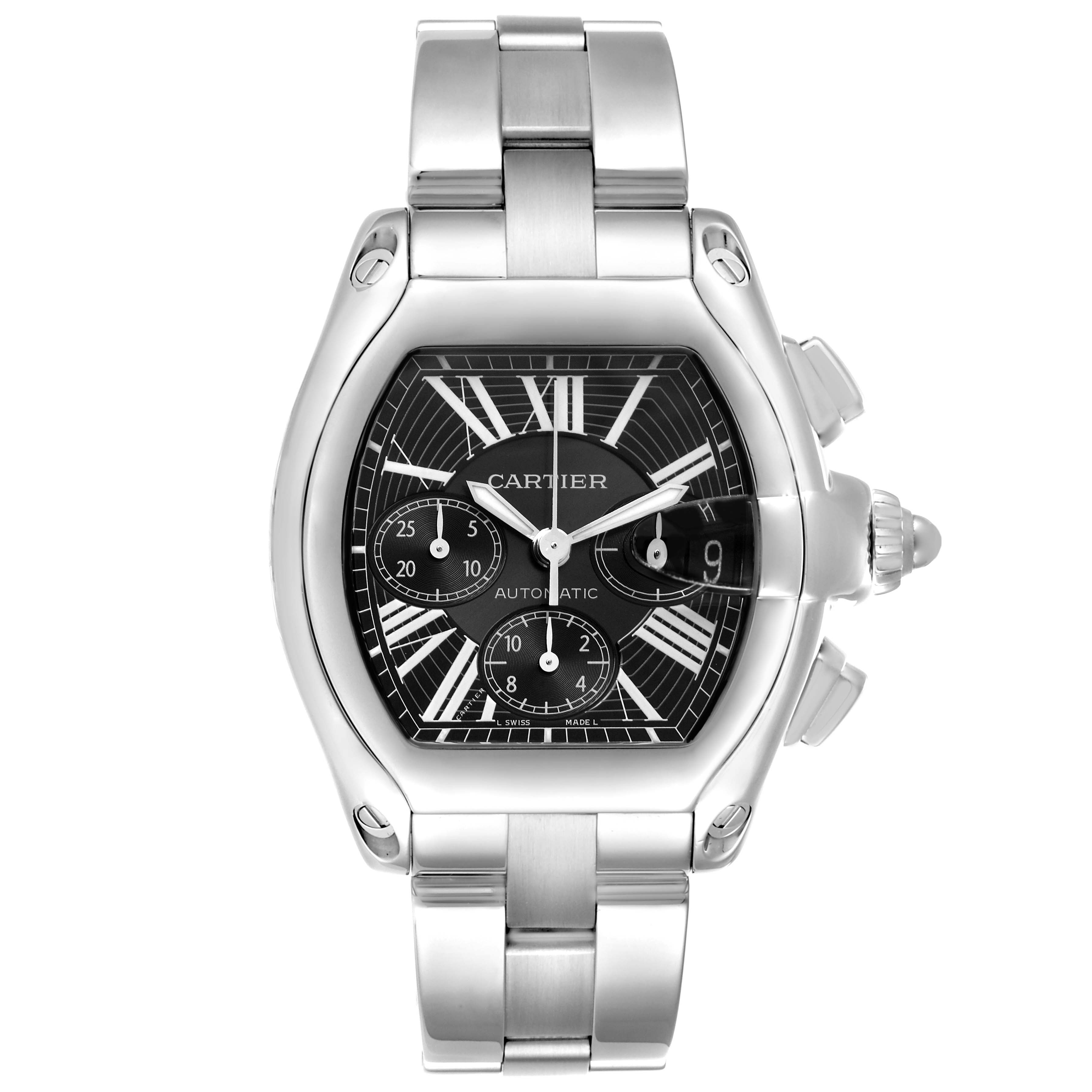The image shows a frontal view of the Cartier Roadster W62020X6 Men's Stainless Steel Black Dial W62020X6 Men's Stainless Steel Black Dial watch, highlighting the dial, bezel, and bracelet.