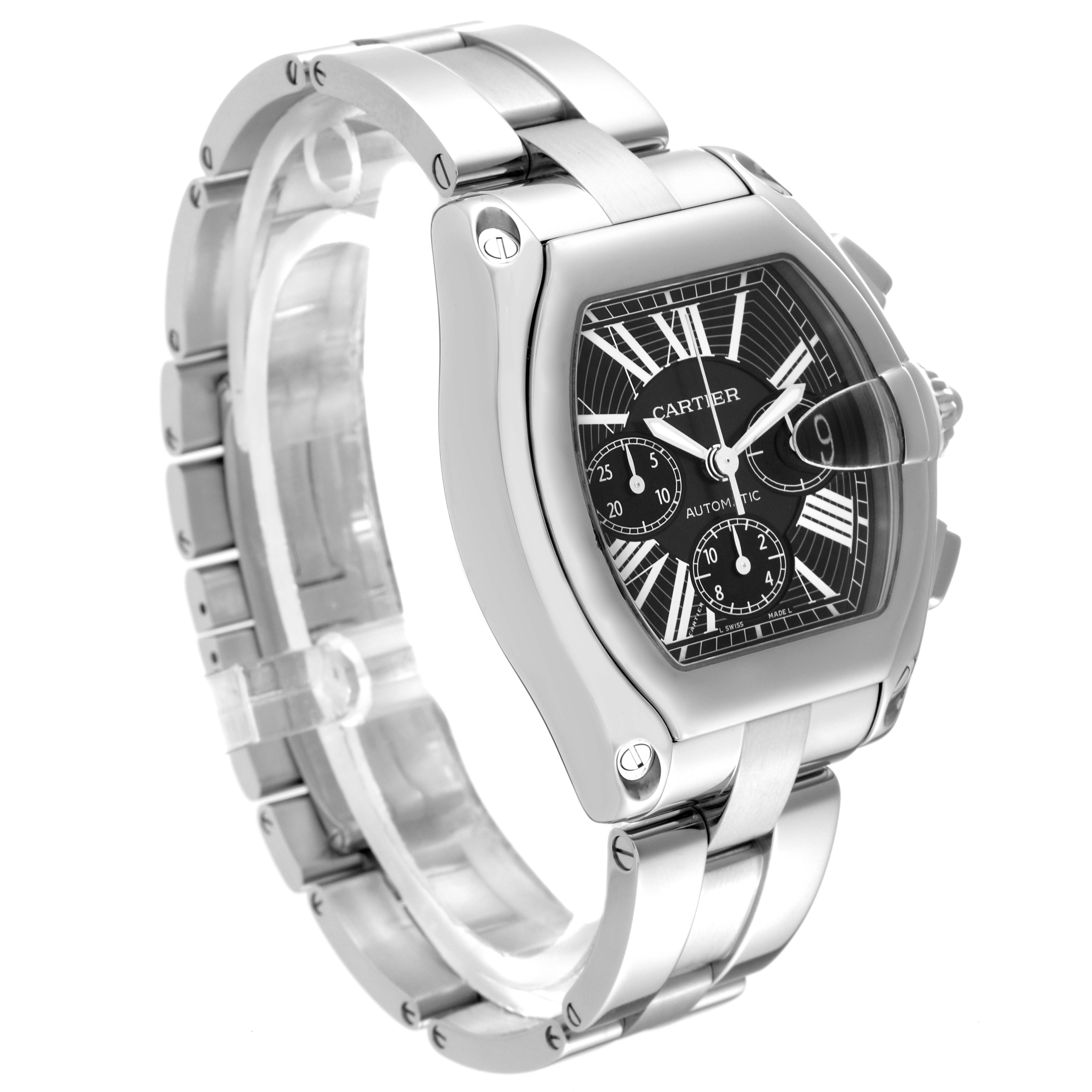 The Cartier Roadster W62020X6 Men's Stainless Steel Black Dial W62020X6 Men's Stainless Steel Black Dial watch is shown at a 3/4 angle, highlighting its stainless steel case, bracelet, and black dial.